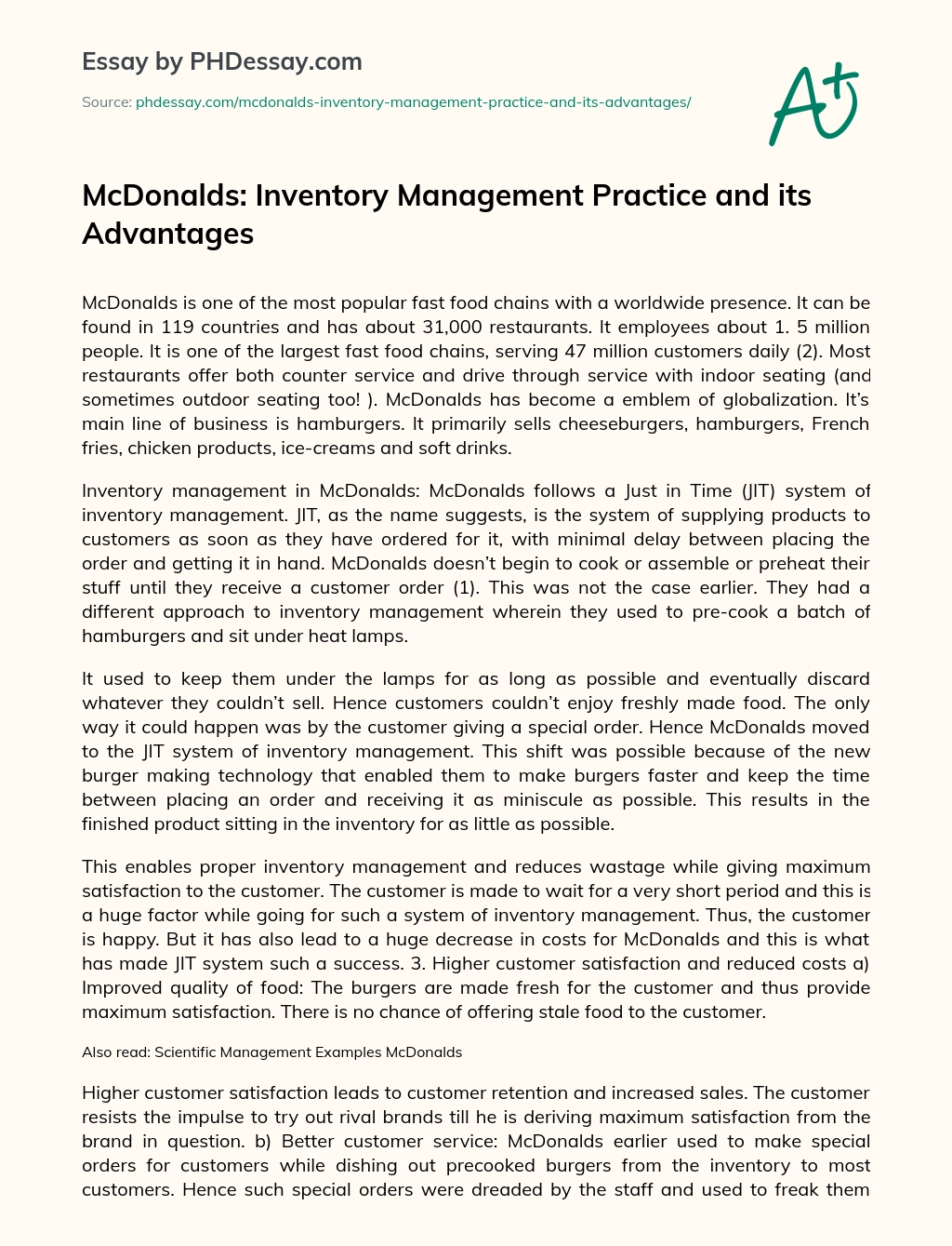 McDonalds: Inventory Management Practice and its Advantages essay