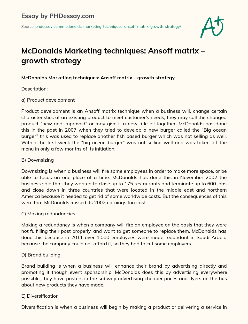 McDonalds Marketing techniques: Ansoff matrix – growth strategy essay