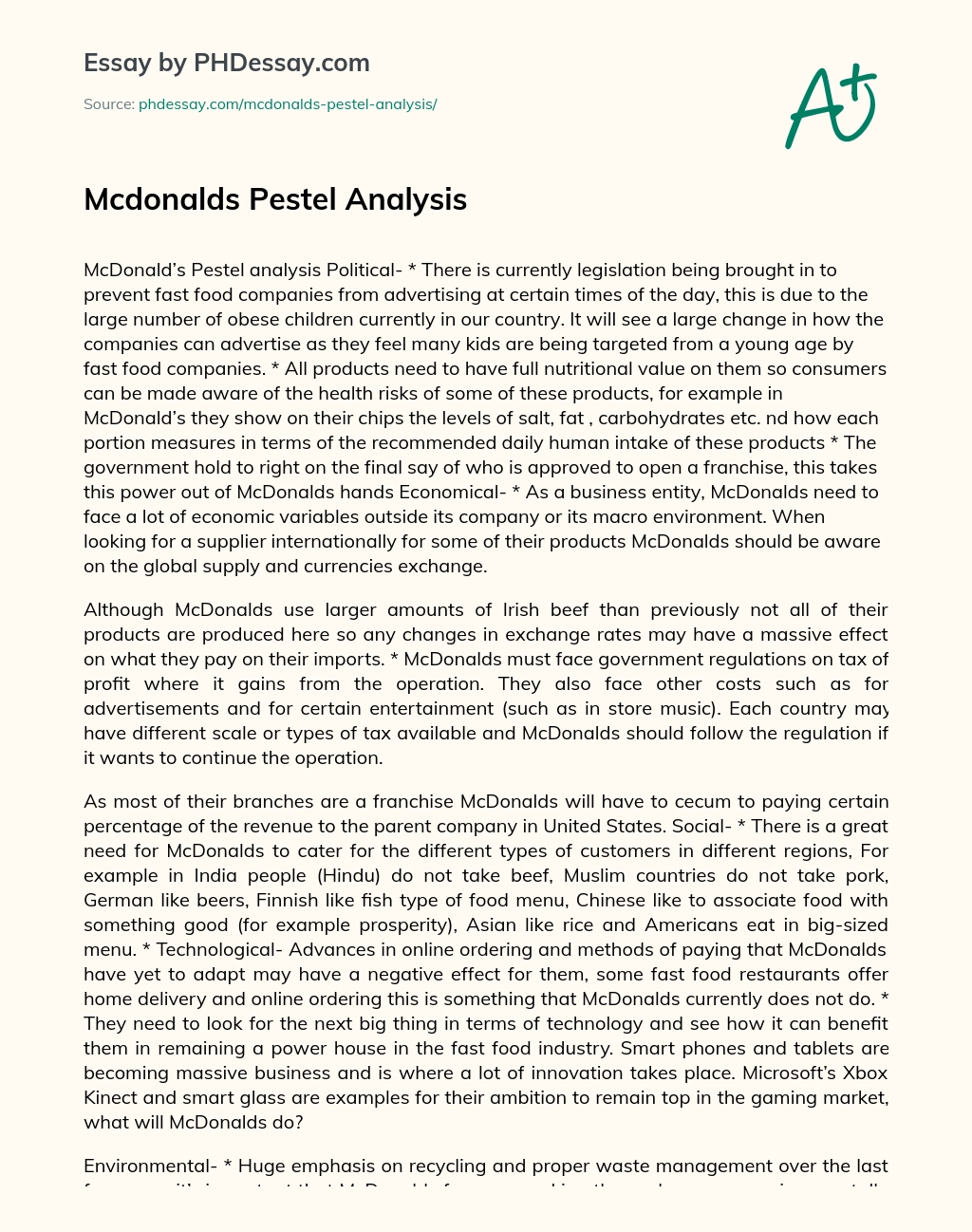 Mcdonalds Pestel Analysis essay