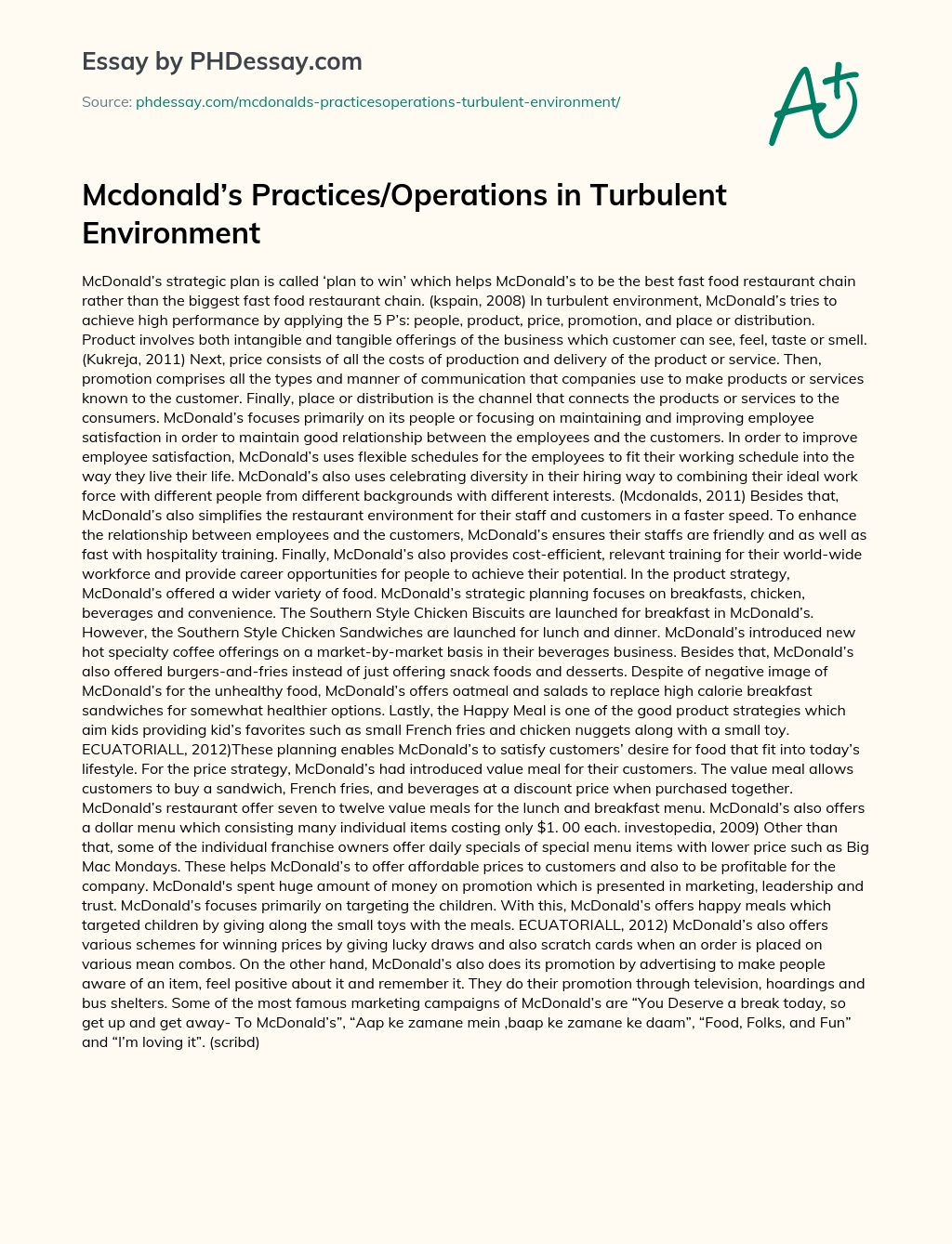 Mcdonald’s Practices/Operations in Turbulent Environment essay