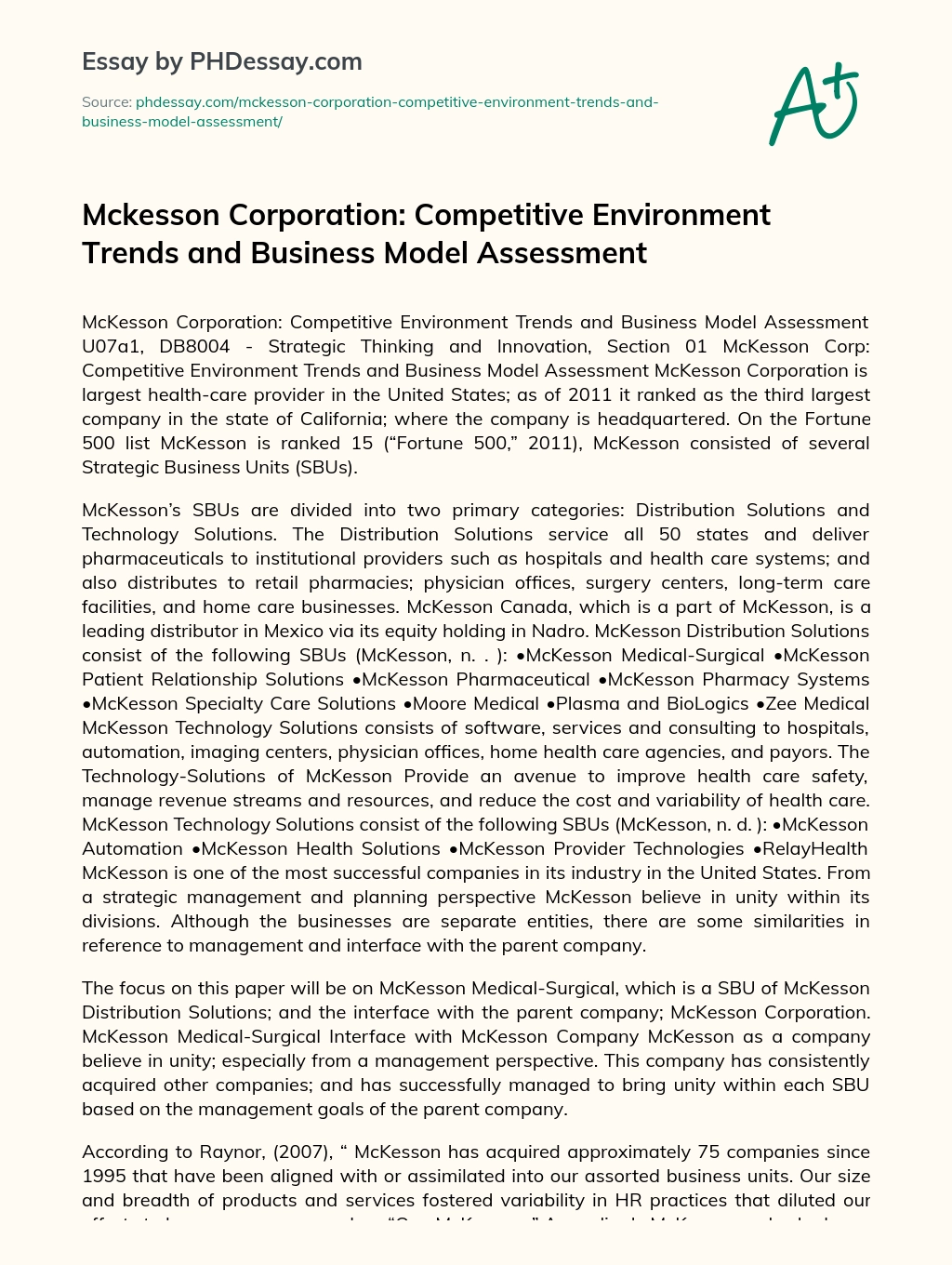Mckesson Corporation: Competitive Environment Trends and Business Model Assessment essay
