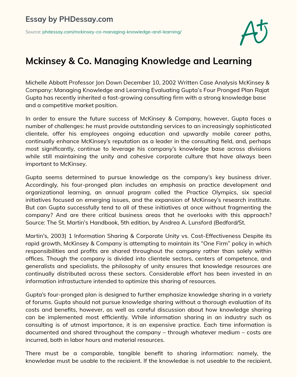 Mckinsey & Co. Managing Knowledge and Learning essay