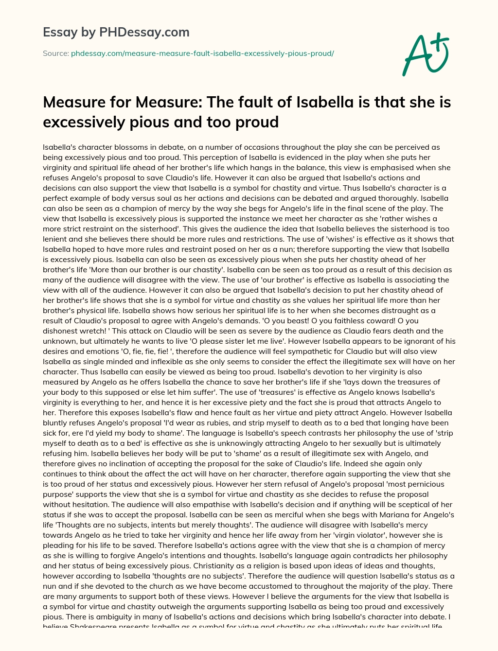 Measure for Measure: The fault of Isabella is that she is excessively pious and too proud essay