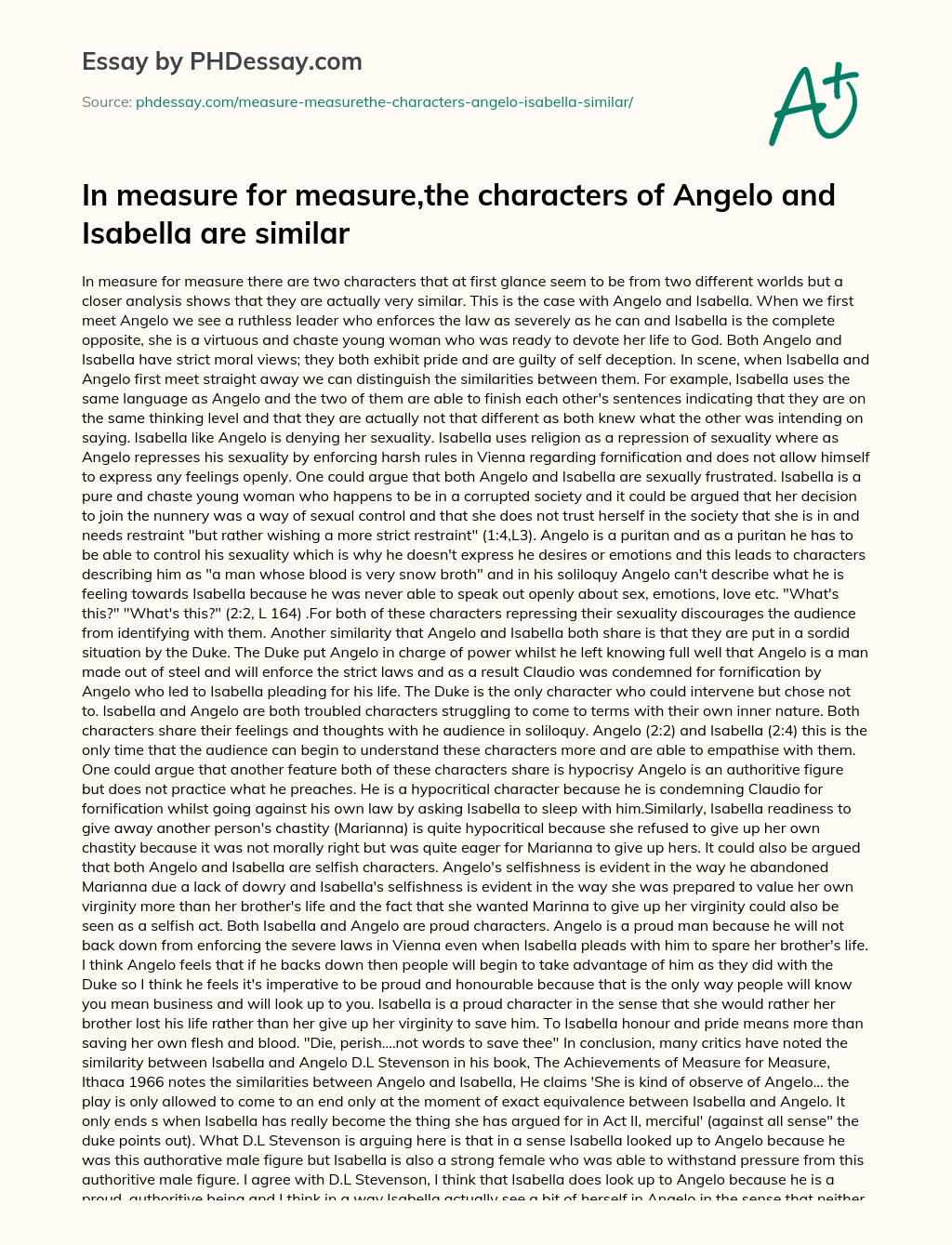 In measure for measure,the characters of Angelo and Isabella are similar essay