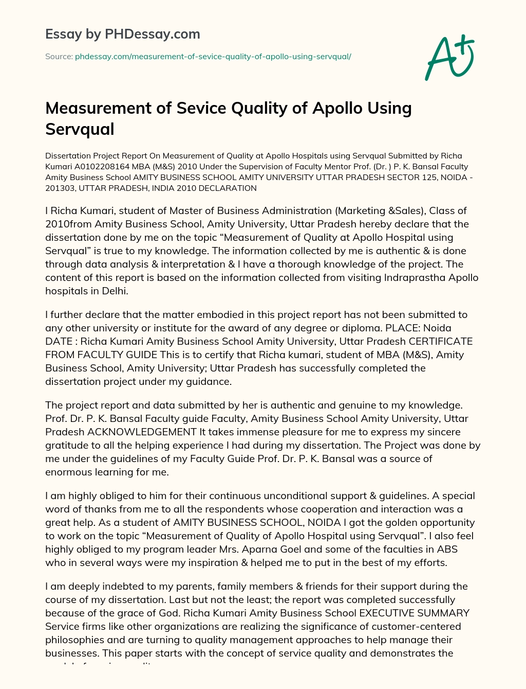 Measurement of Sevice Quality of Apollo Using Servqual essay