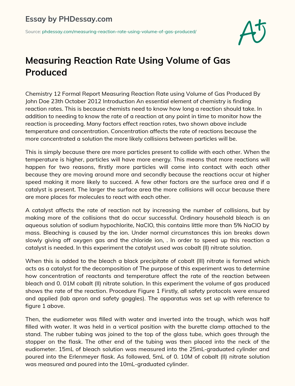 Measuring Reaction Rate Using Volume of Gas Produced essay