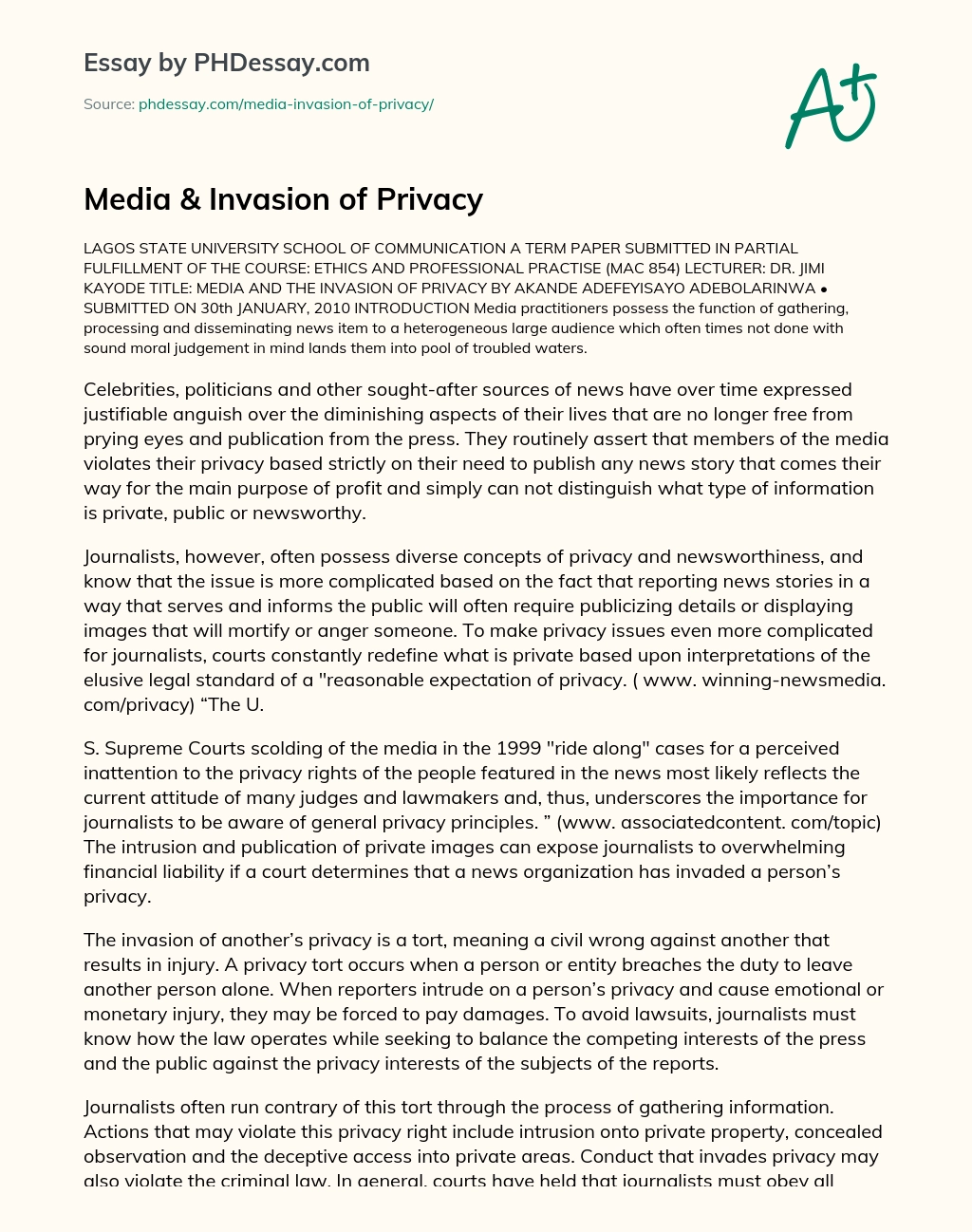 Media & Invasion of Privacy essay
