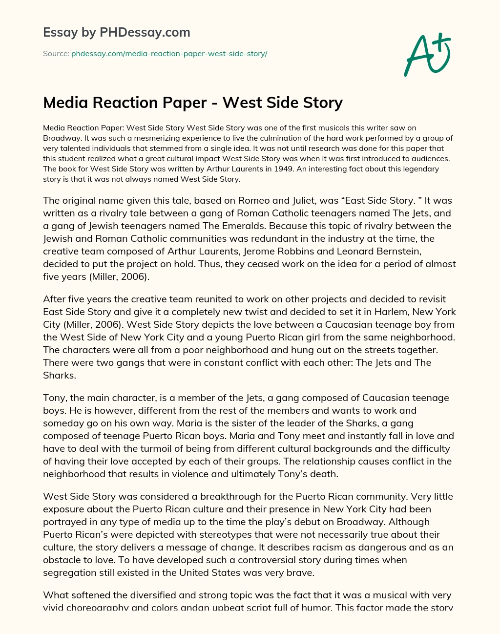 Media Reaction Paper – West Side Story essay