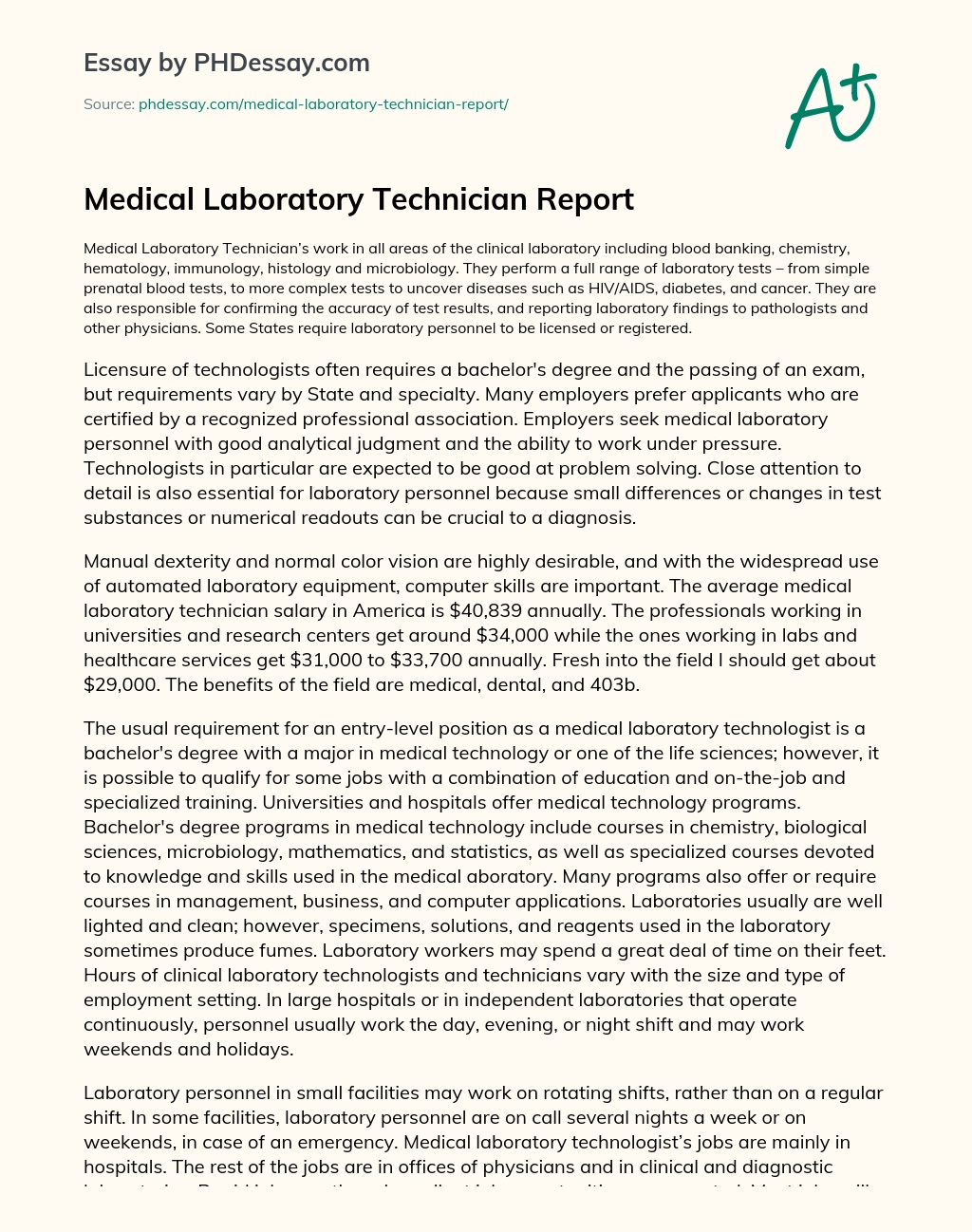 Medical Laboratory Technician Report essay