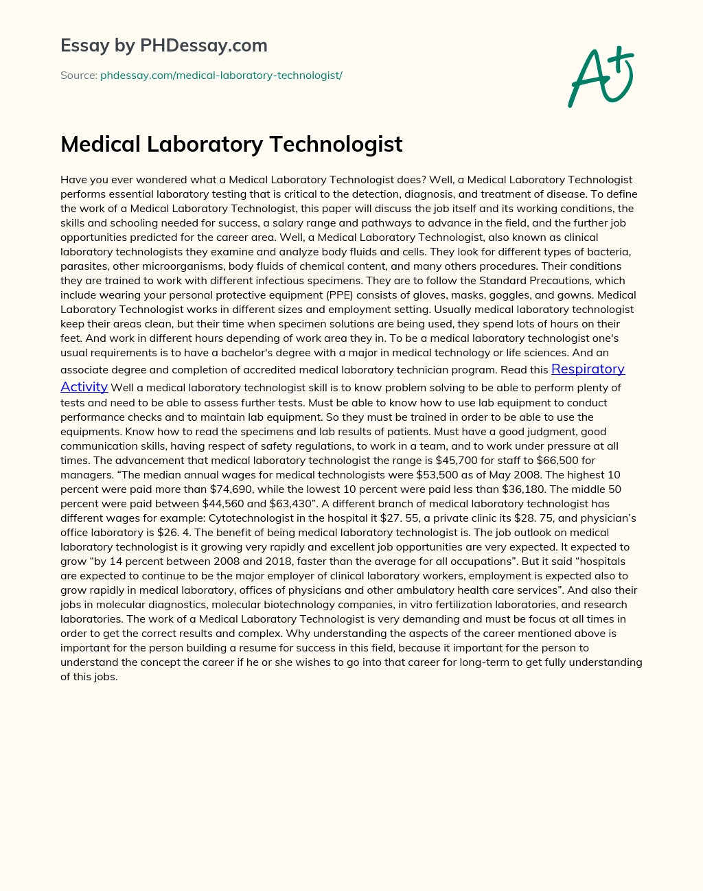 Medical Laboratory Technologist essay