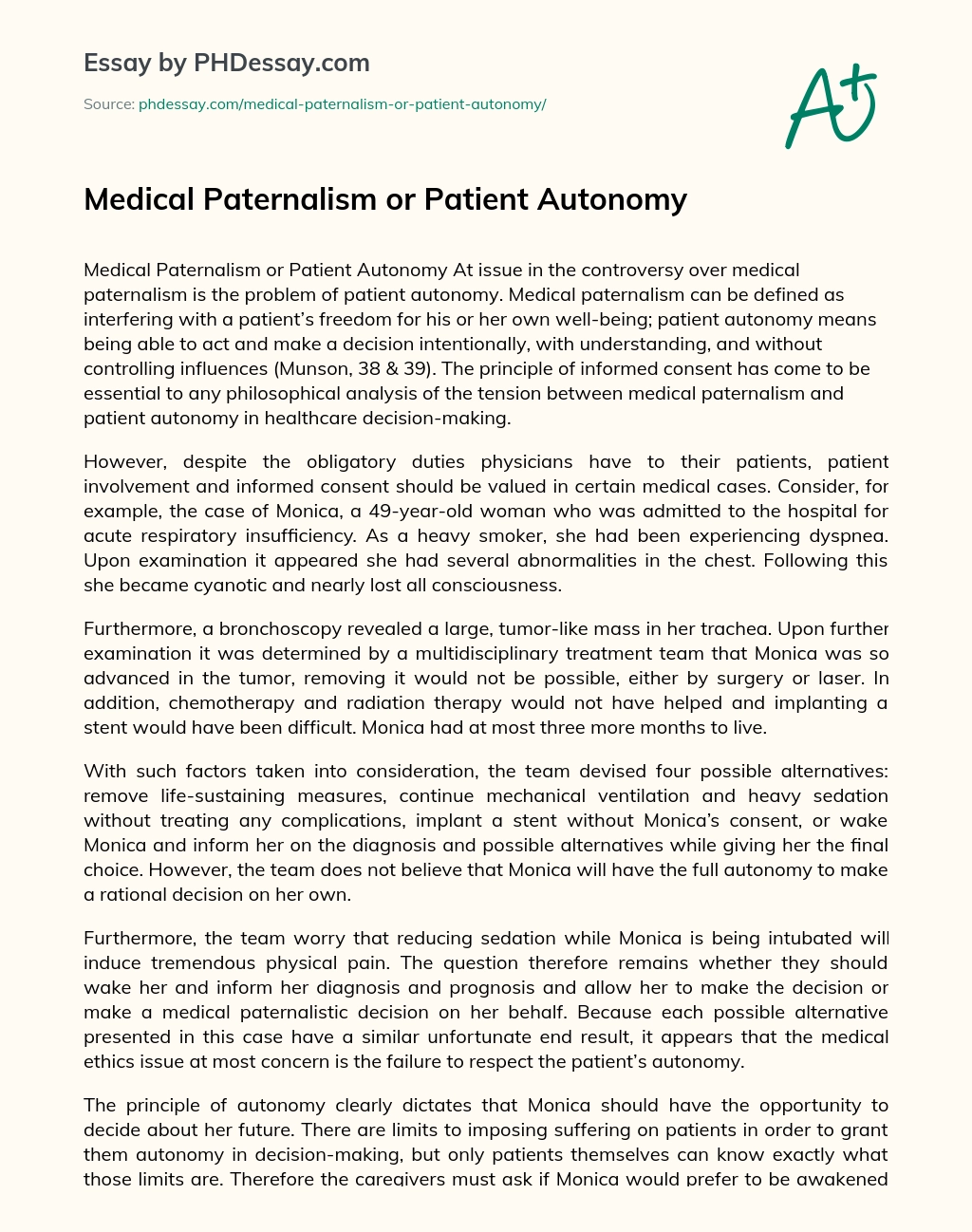 Medical Paternalism or Patient Autonomy essay