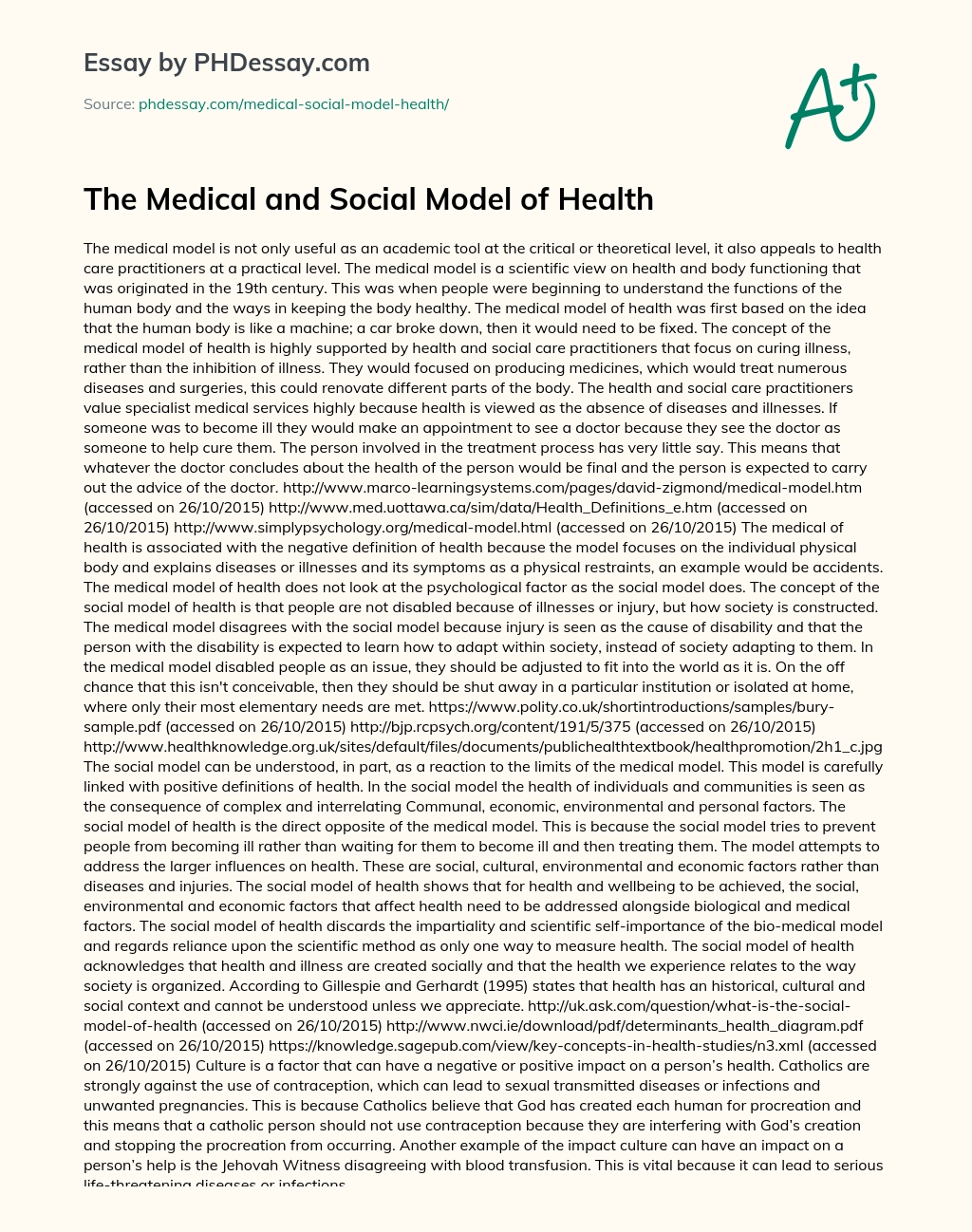 The Medical and Social Model of Health essay