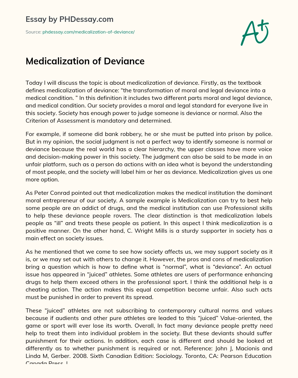 Medicalization of Deviance essay
