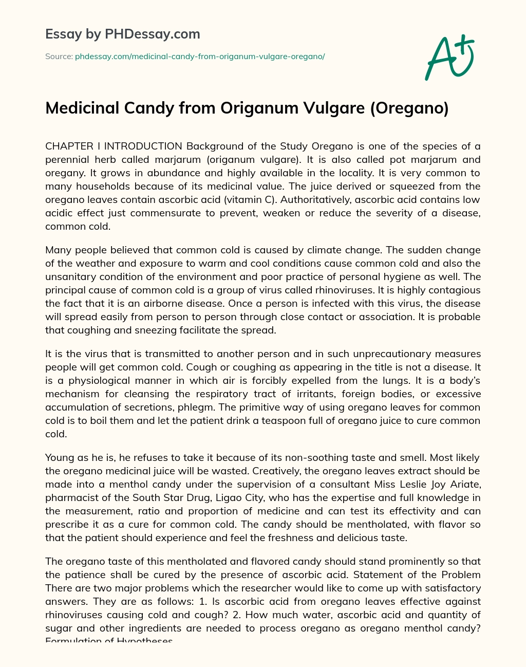 Medicinal Candy from Origanum Vulgare (Oregano) essay