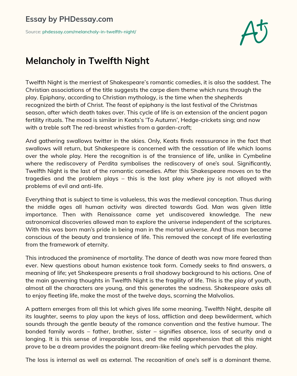 Melancholy in Twelfth Night essay