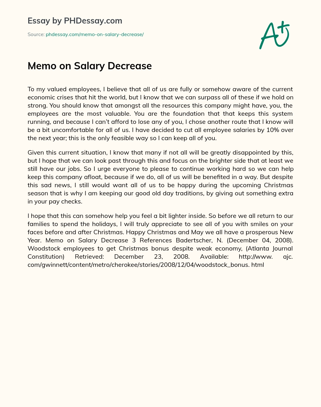 Memo on Salary Decrease essay