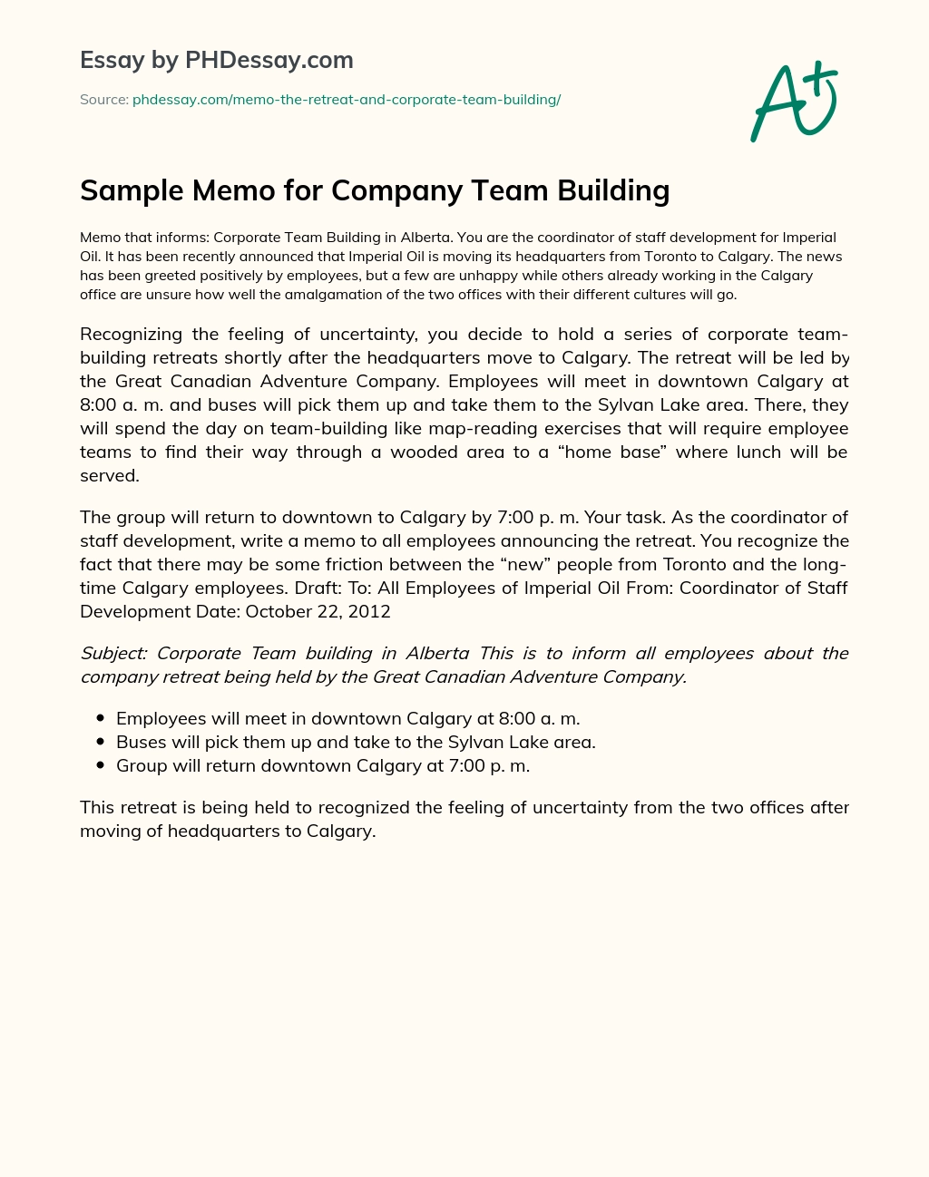 Sample Memo for Company Team Building - PHDessay.com