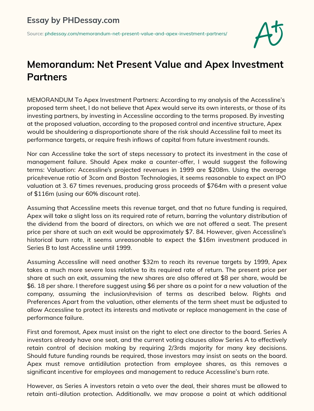 Memorandum: Net Present Value and Apex Investment Partners essay