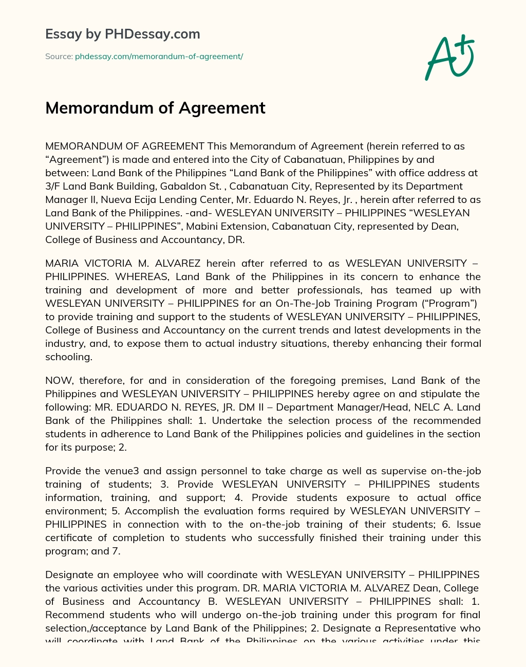Memorandum of Agreement essay
