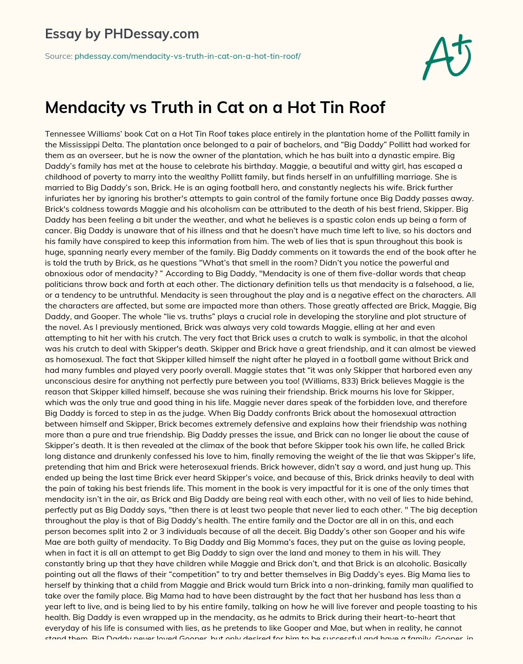 Mendacity vs Truth in Cat on a Hot Tin Roof essay