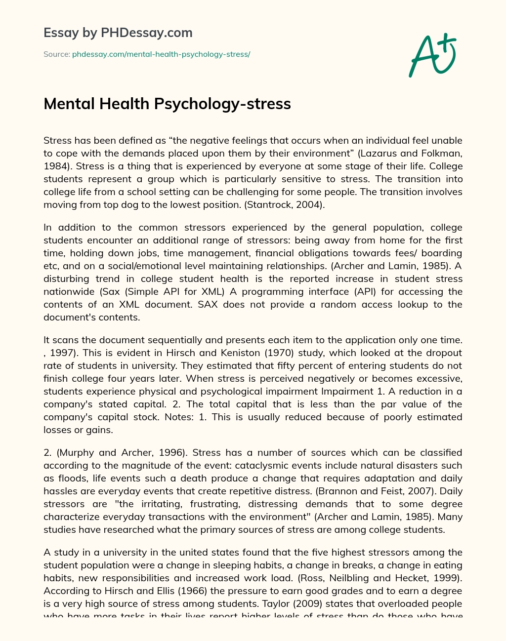 Mental Health Psychology-stress essay