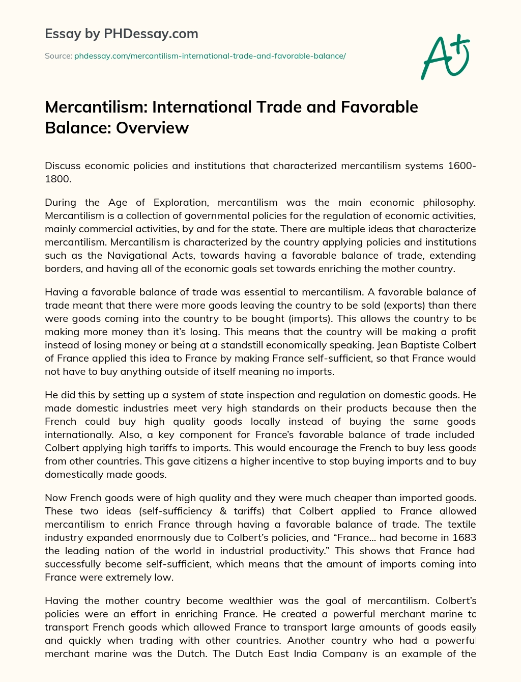 Mercantilism: International Trade and Favorable Balance: Overview essay