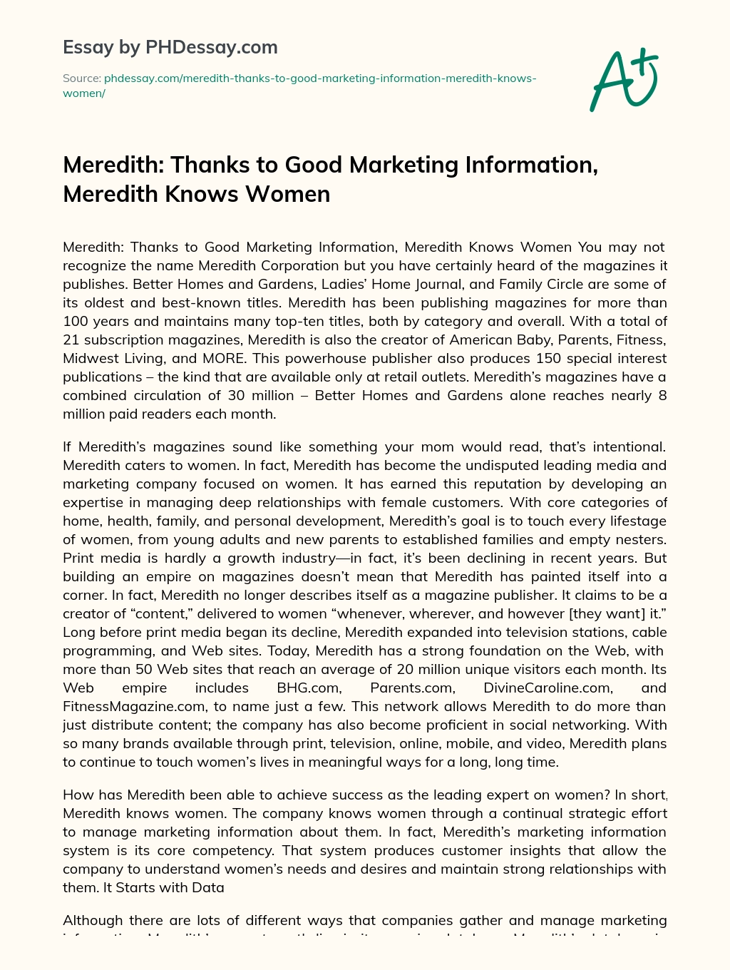 Meredith: Thanks to Good Marketing Information, Meredith Knows Women essay