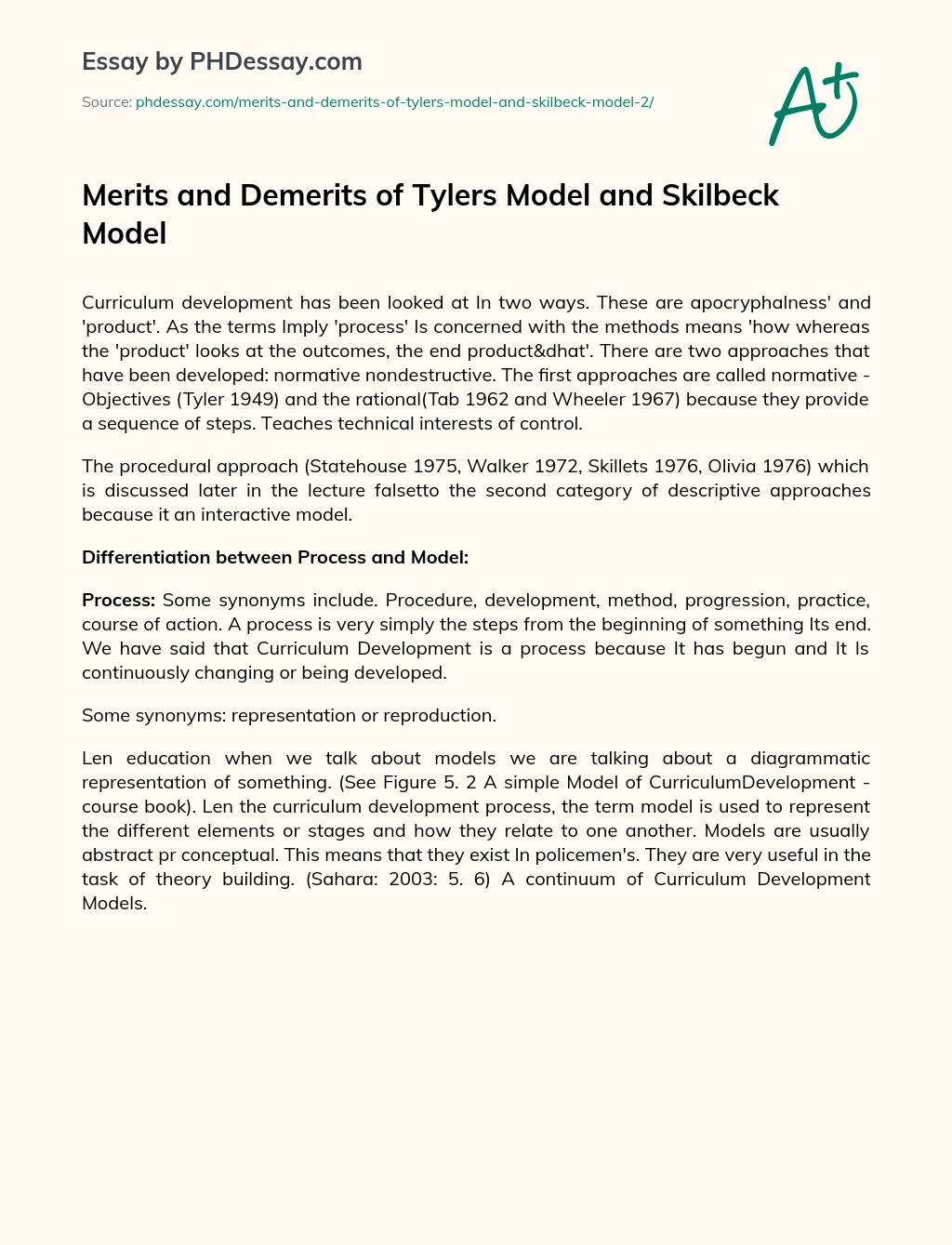 Merits and Demerits of Tylers Model and Skilbeck Model essay