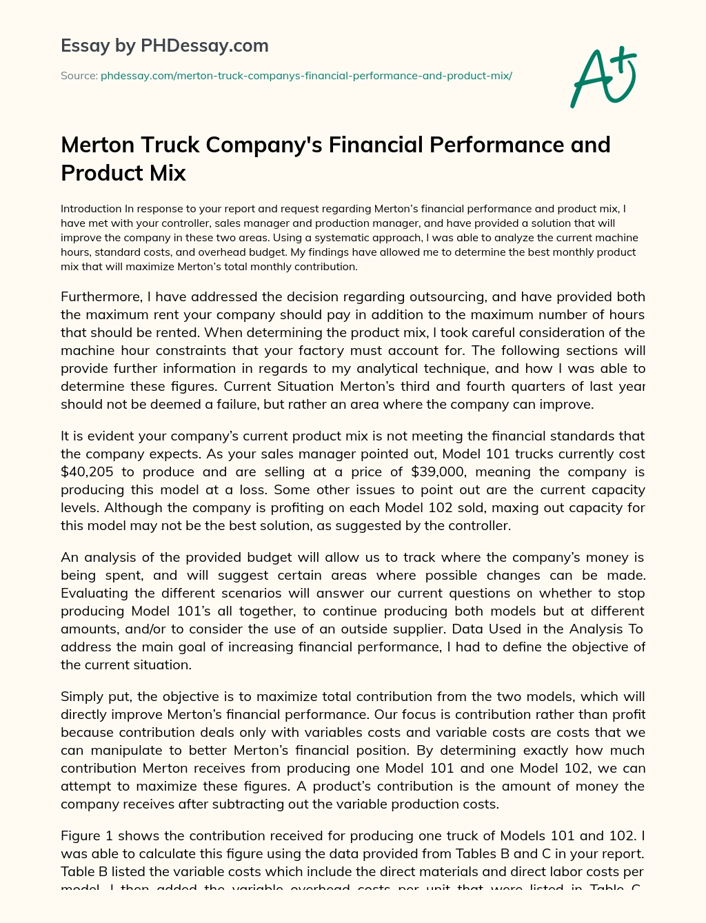 Merton Truck Company’s Financial Performance and Product Mix essay