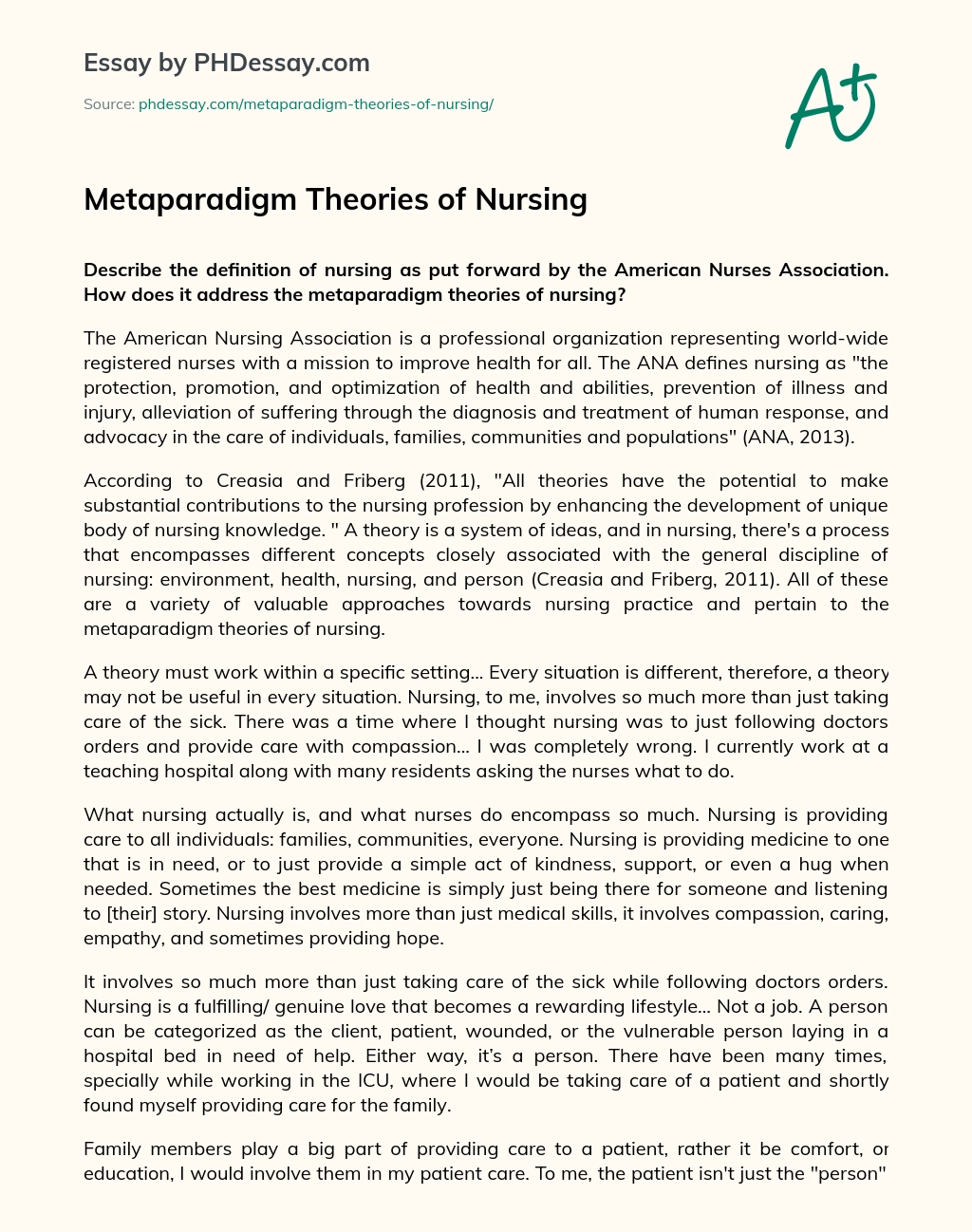 Metaparadigm Theories of Nursing essay