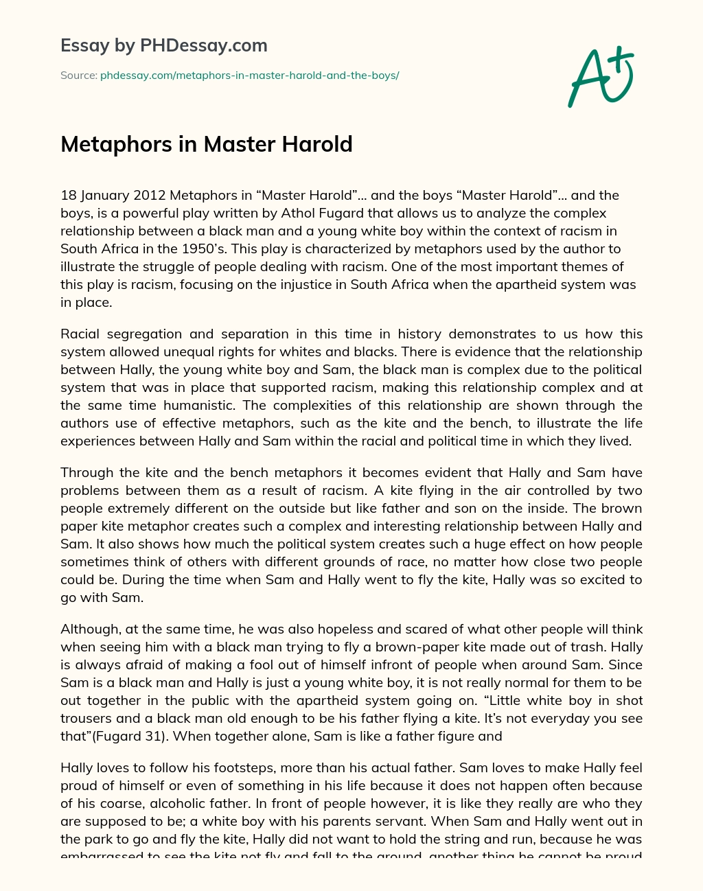 Metaphors in Master Harold essay
