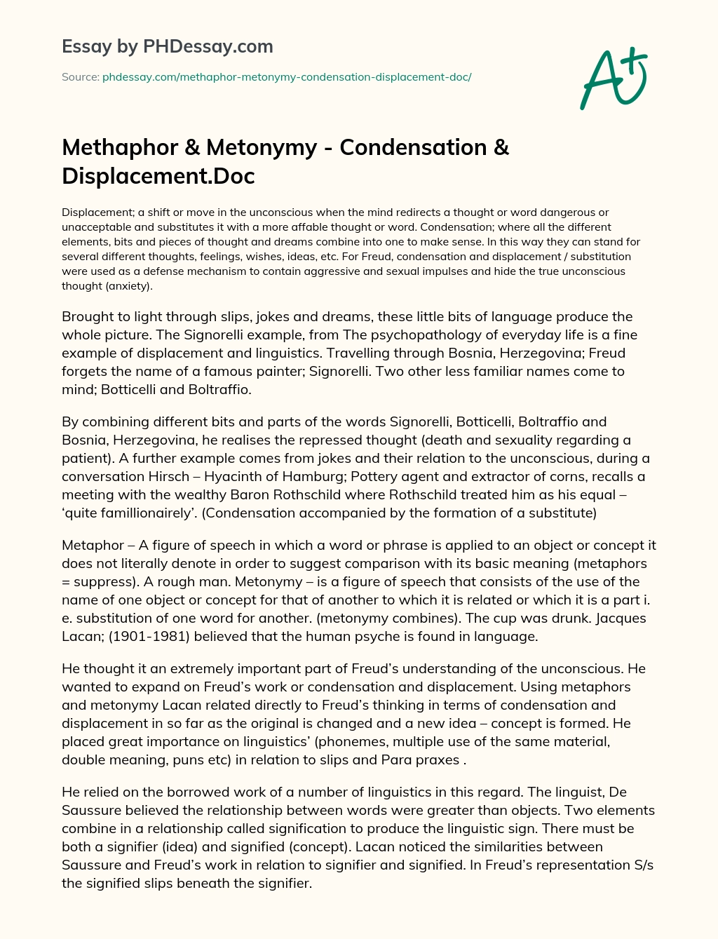 Methaphor & Metonymy – Condensation & Displacement.Doc essay