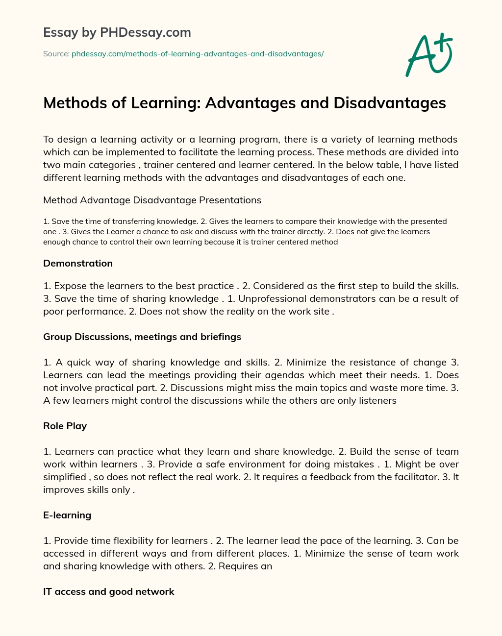 Methods of Learning: Advantages and Disadvantages essay