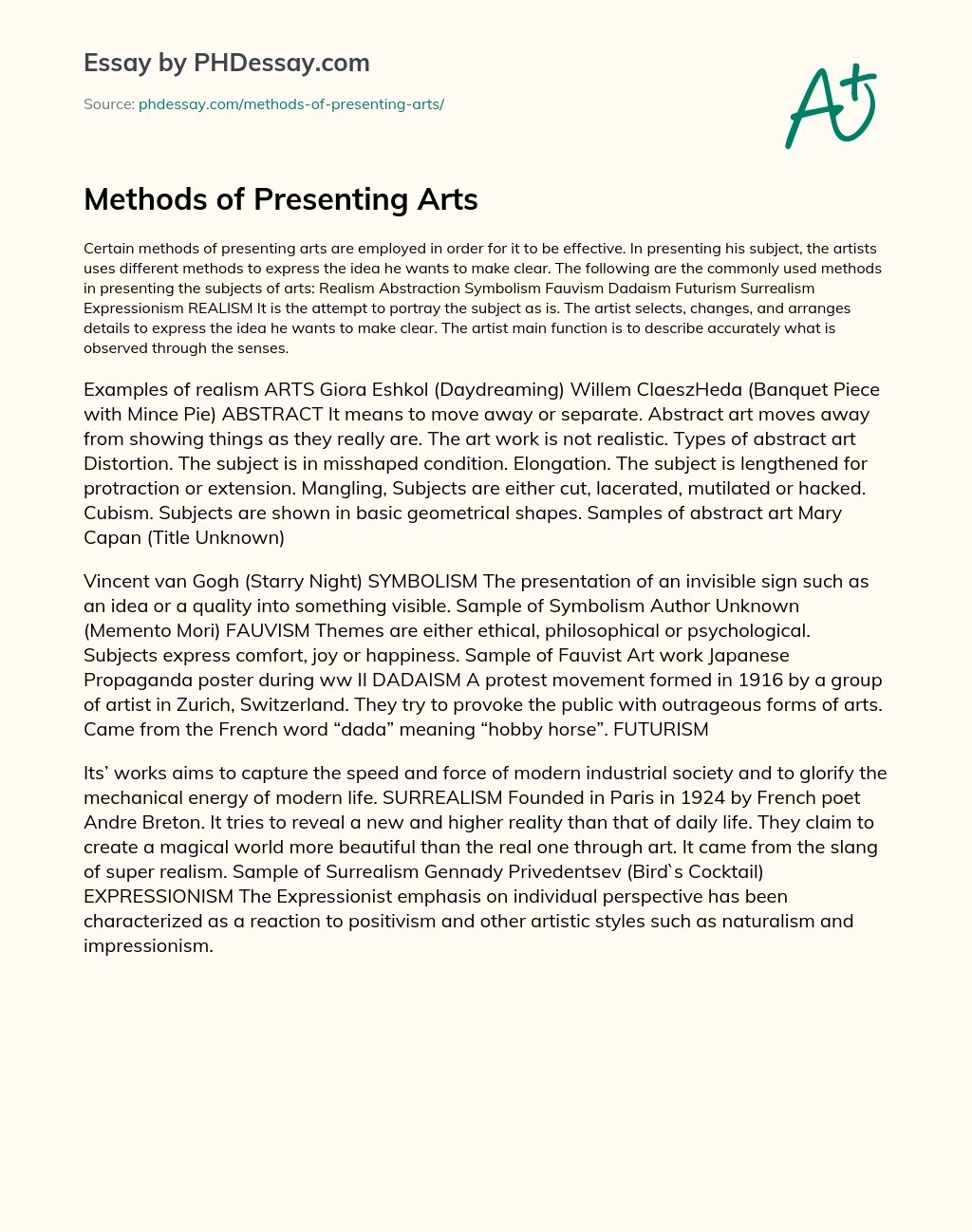 Methods of Presenting Arts - PHDessay.com