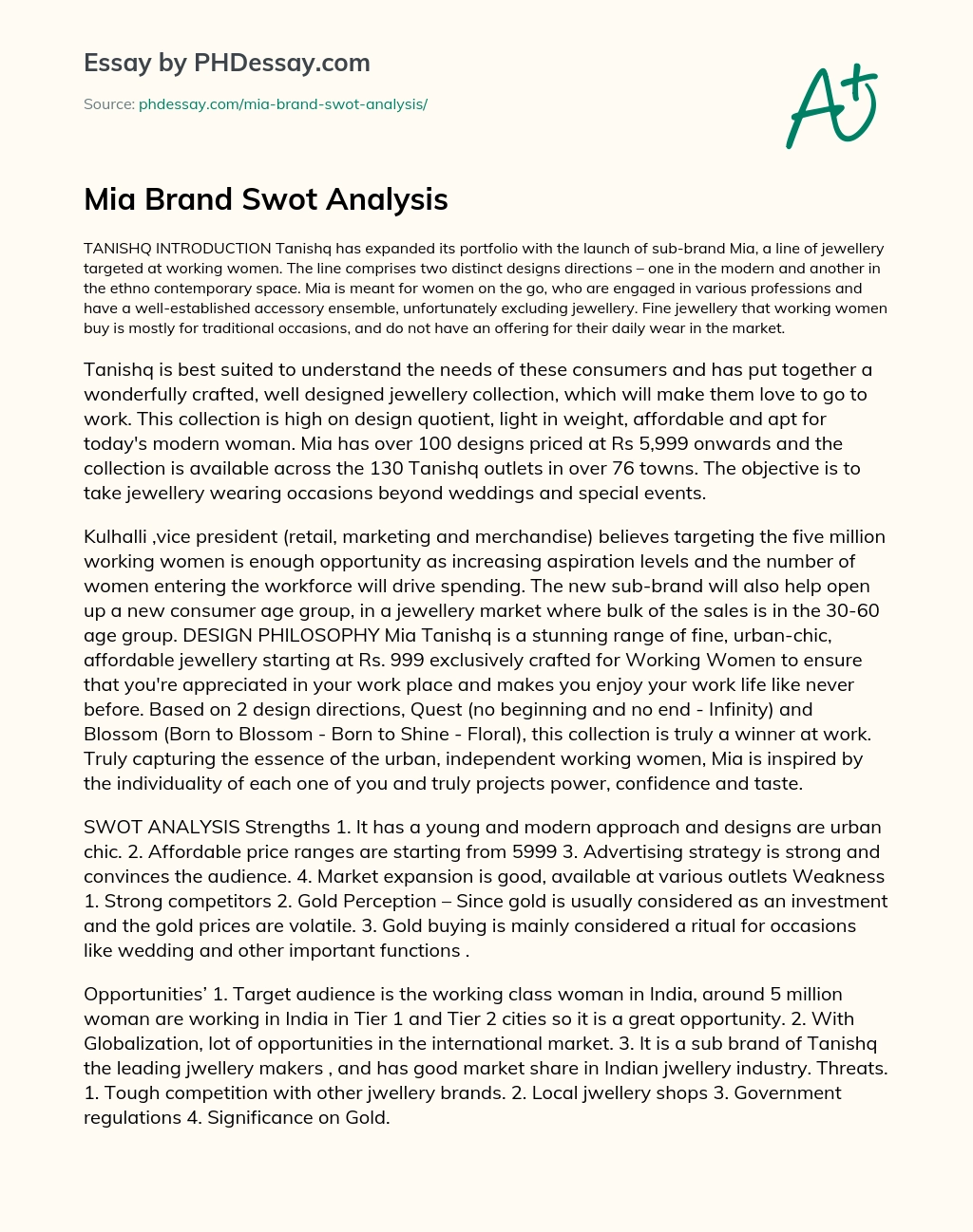 Mia Brand Swot Analysis essay