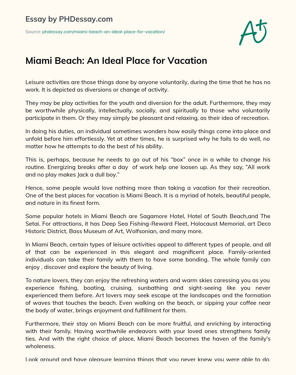 Miami Beach: An Ideal Place for Vacation essay