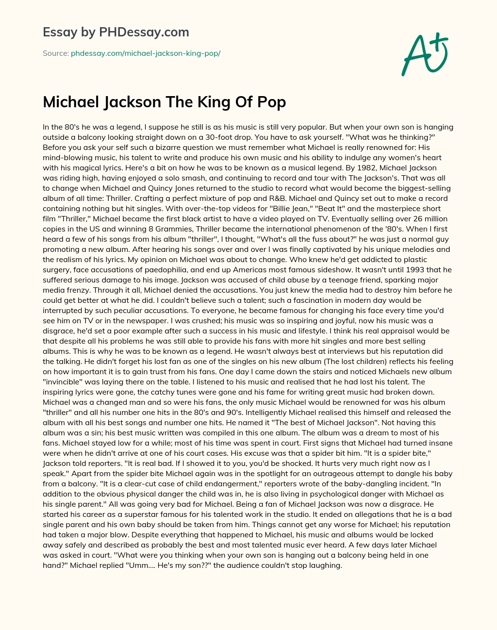 Michael Jackson The King Of Pop essay