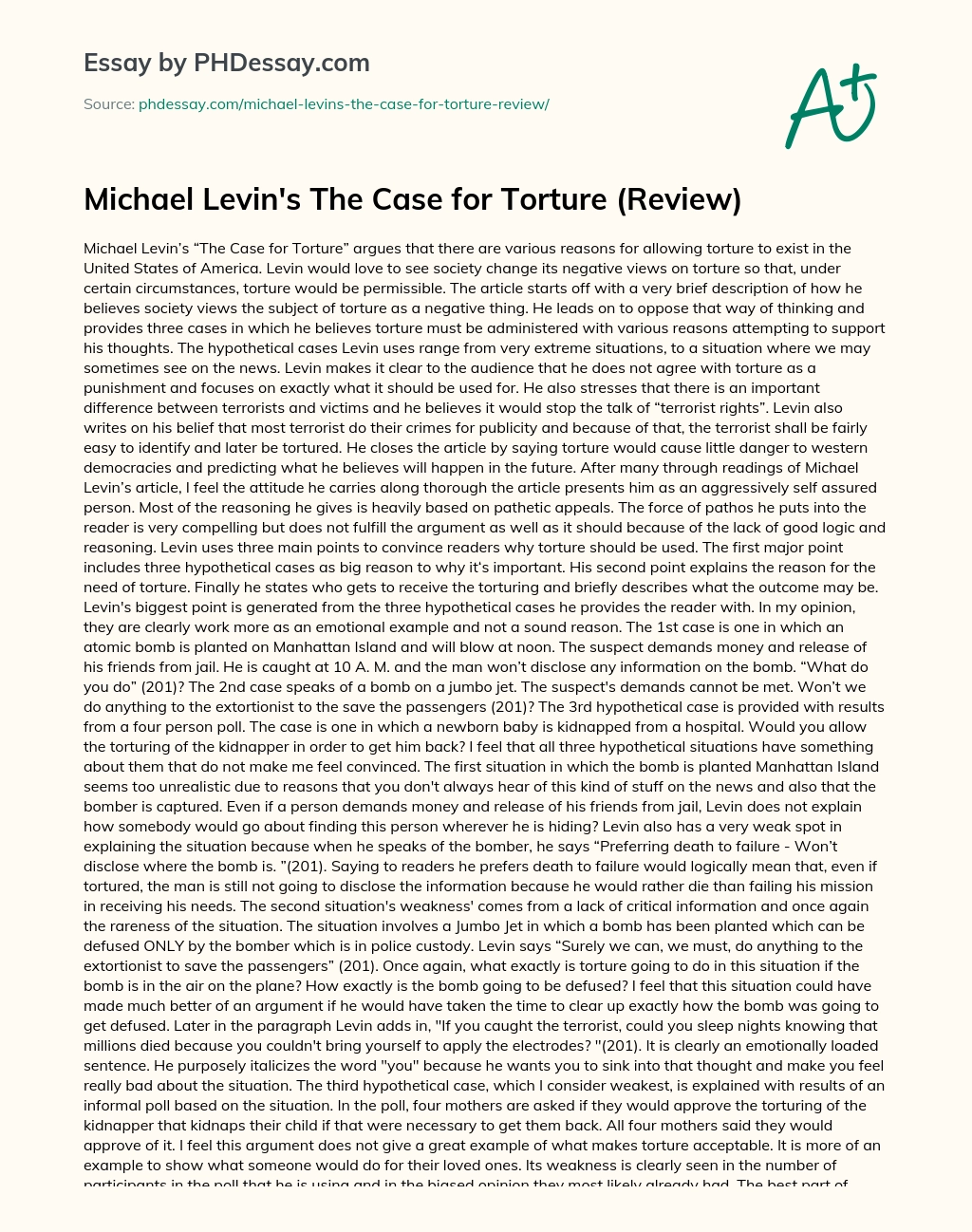 Michael Levin’s The Case for Torture (Review) essay