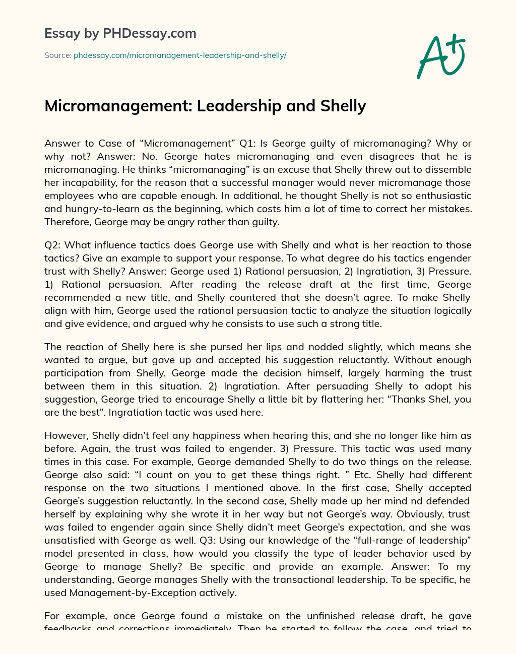 Micromanagement: Leadership and Shelly essay