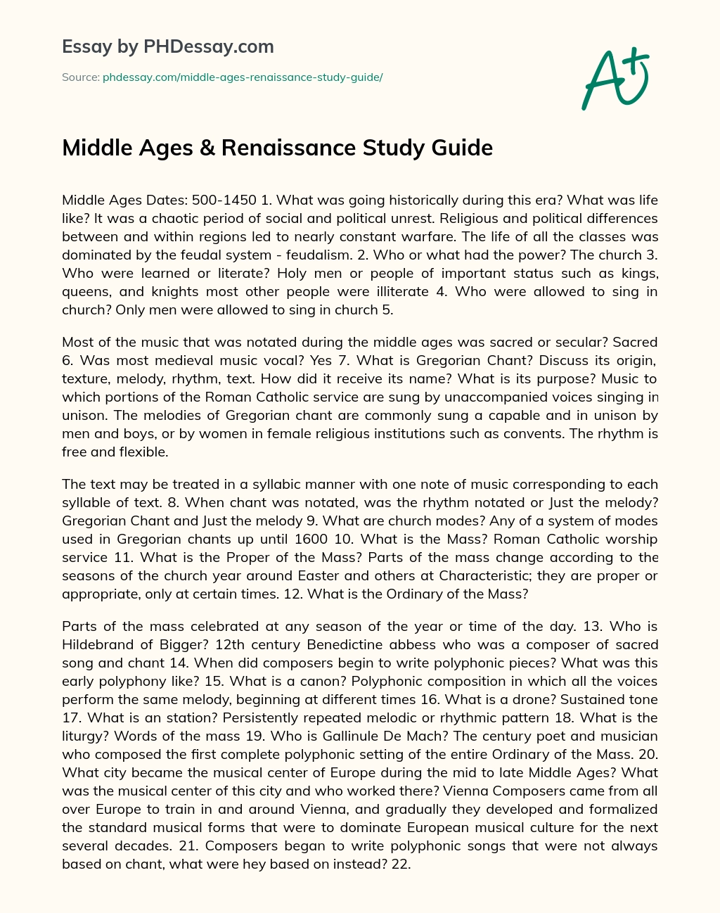 Middle Ages & Renaissance Study Guide essay