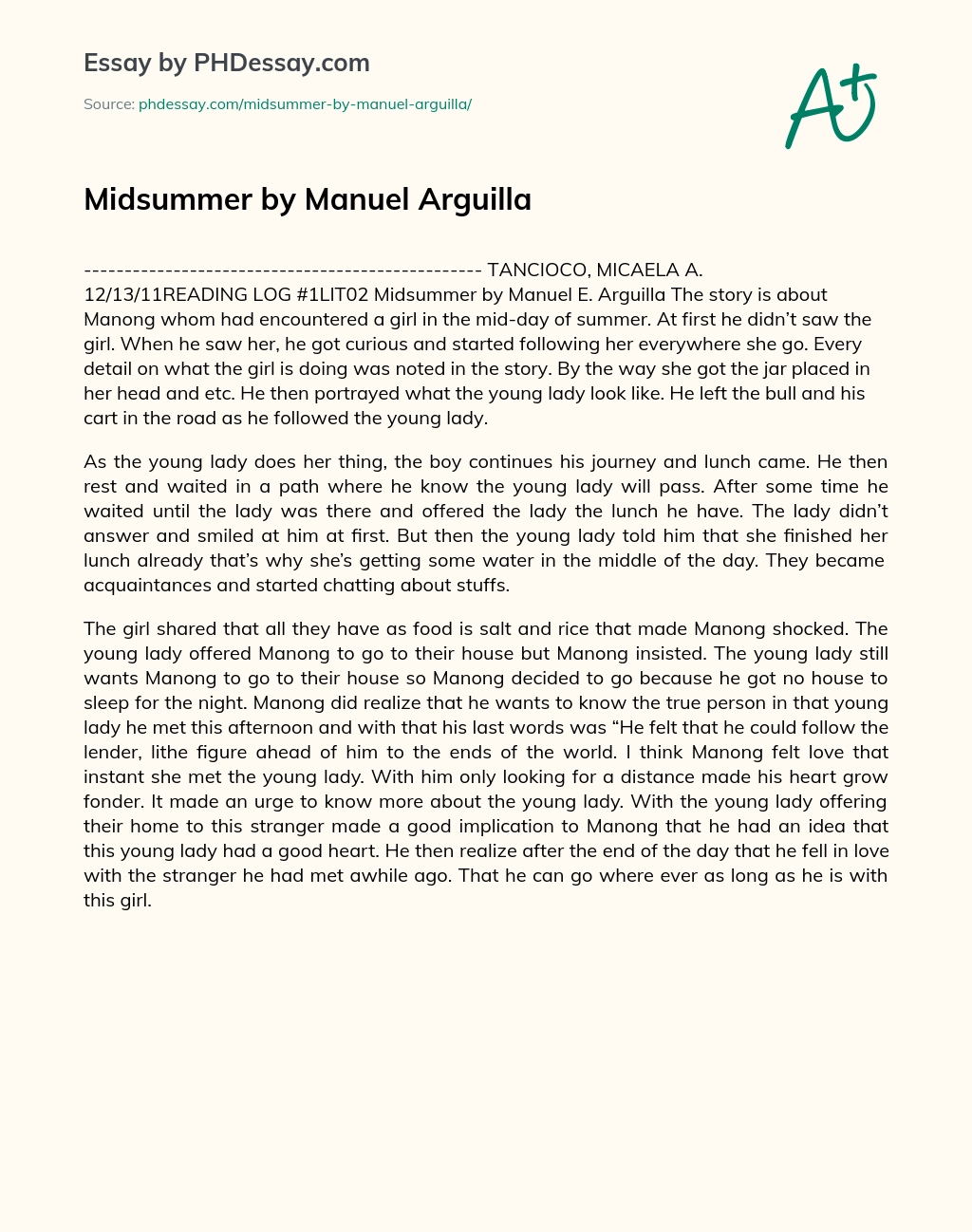 Midsummer by Manuel Arguilla essay