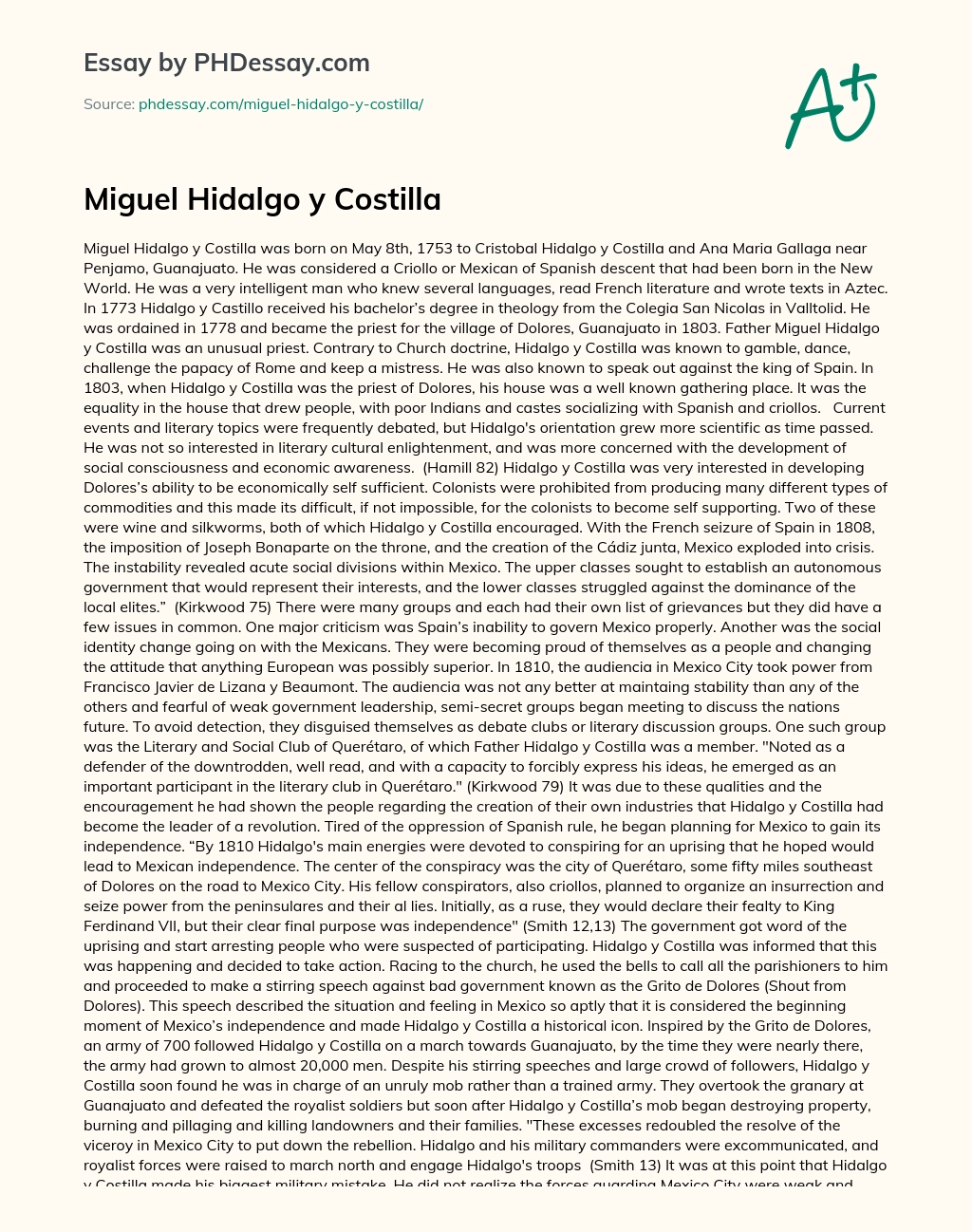 Miguel Hidalgo y Costilla essay