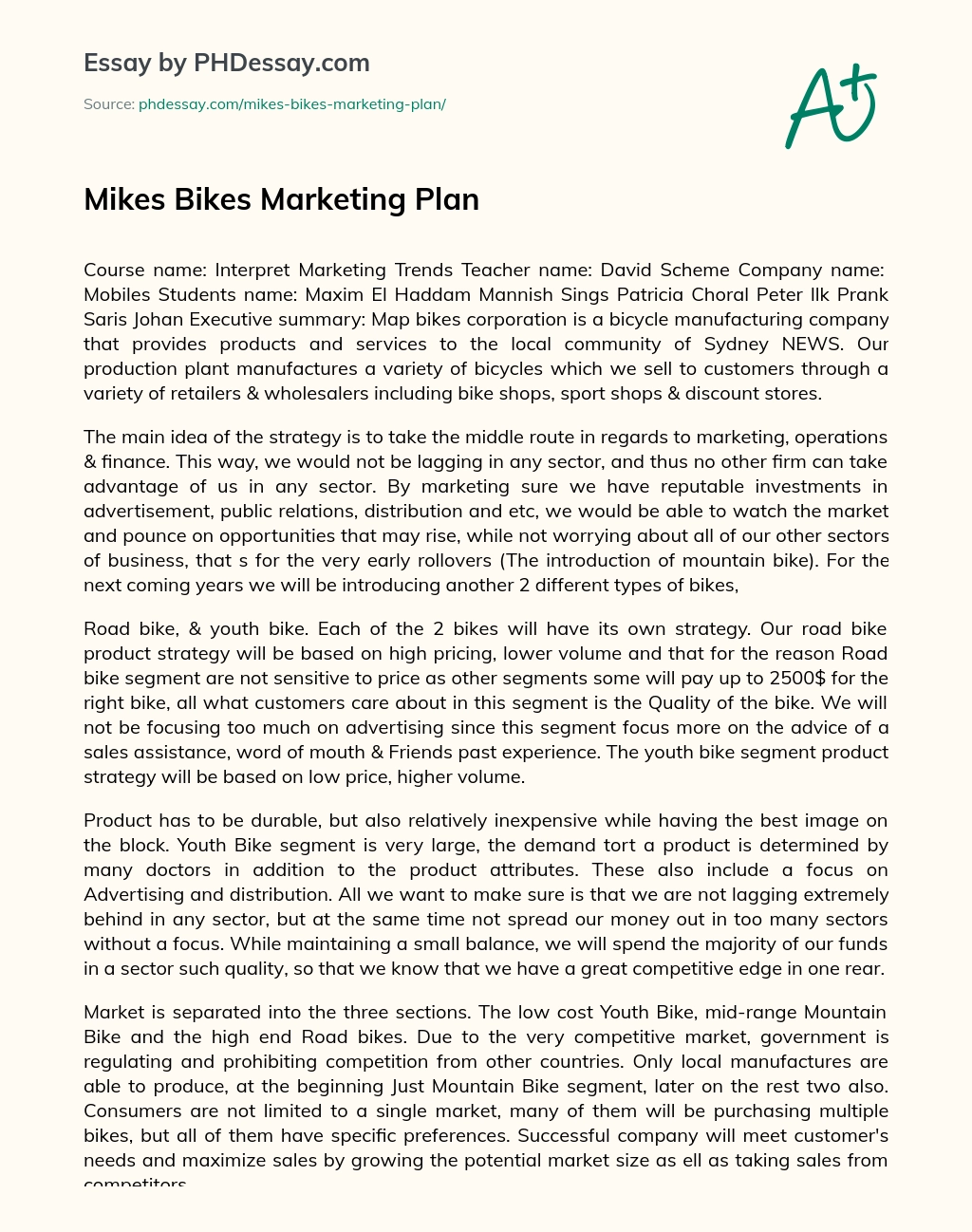 Mikes Bikes Marketing Plan essay