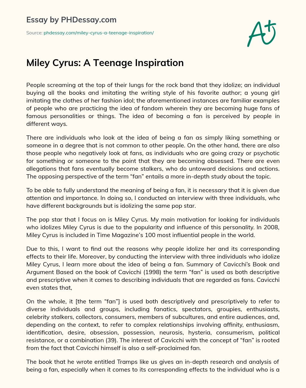 Miley Cyrus: A Teenage Inspiration essay