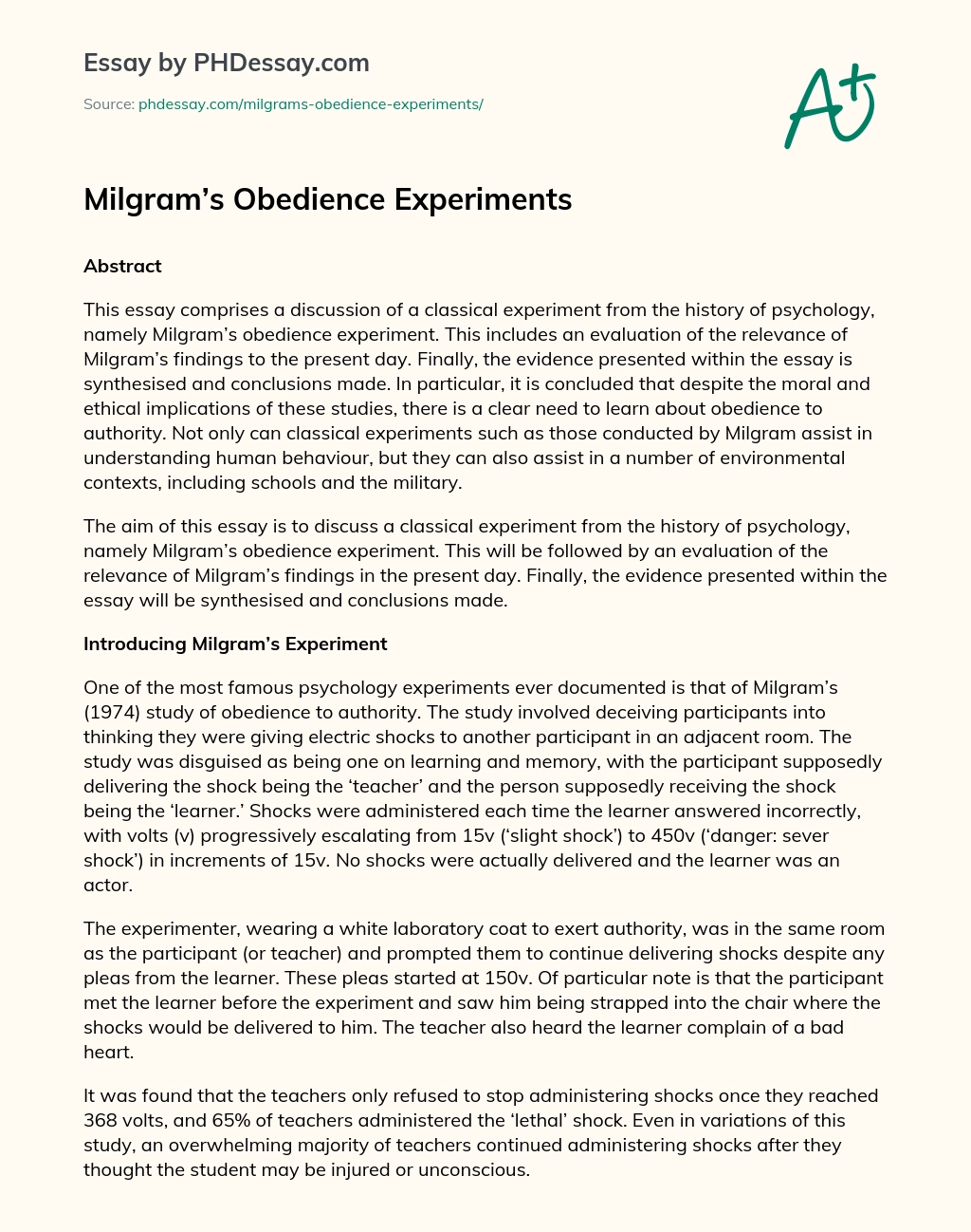 Milgram’s Obedience Experiments essay