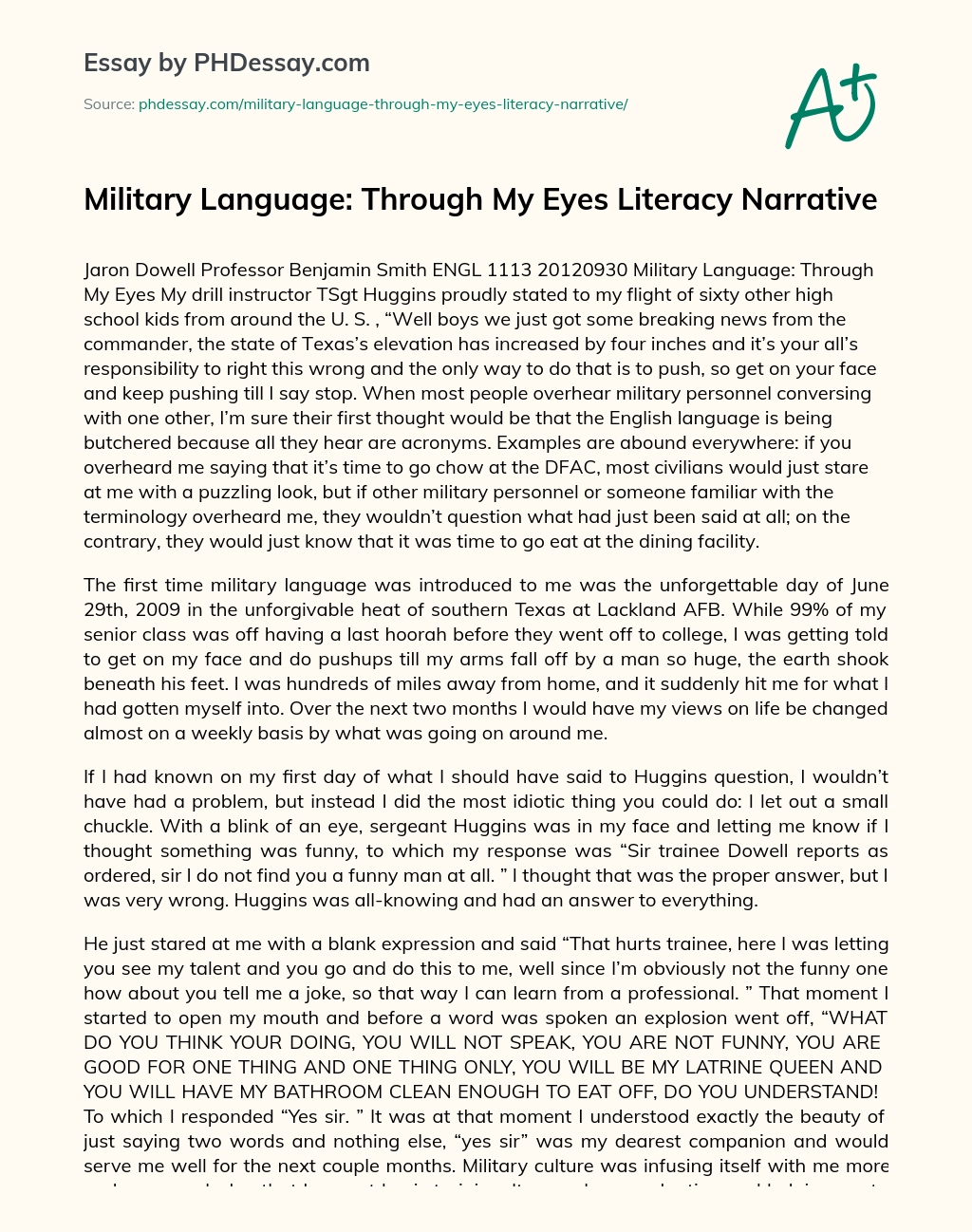 Military Language: Through My Eyes Literacy Narrative essay