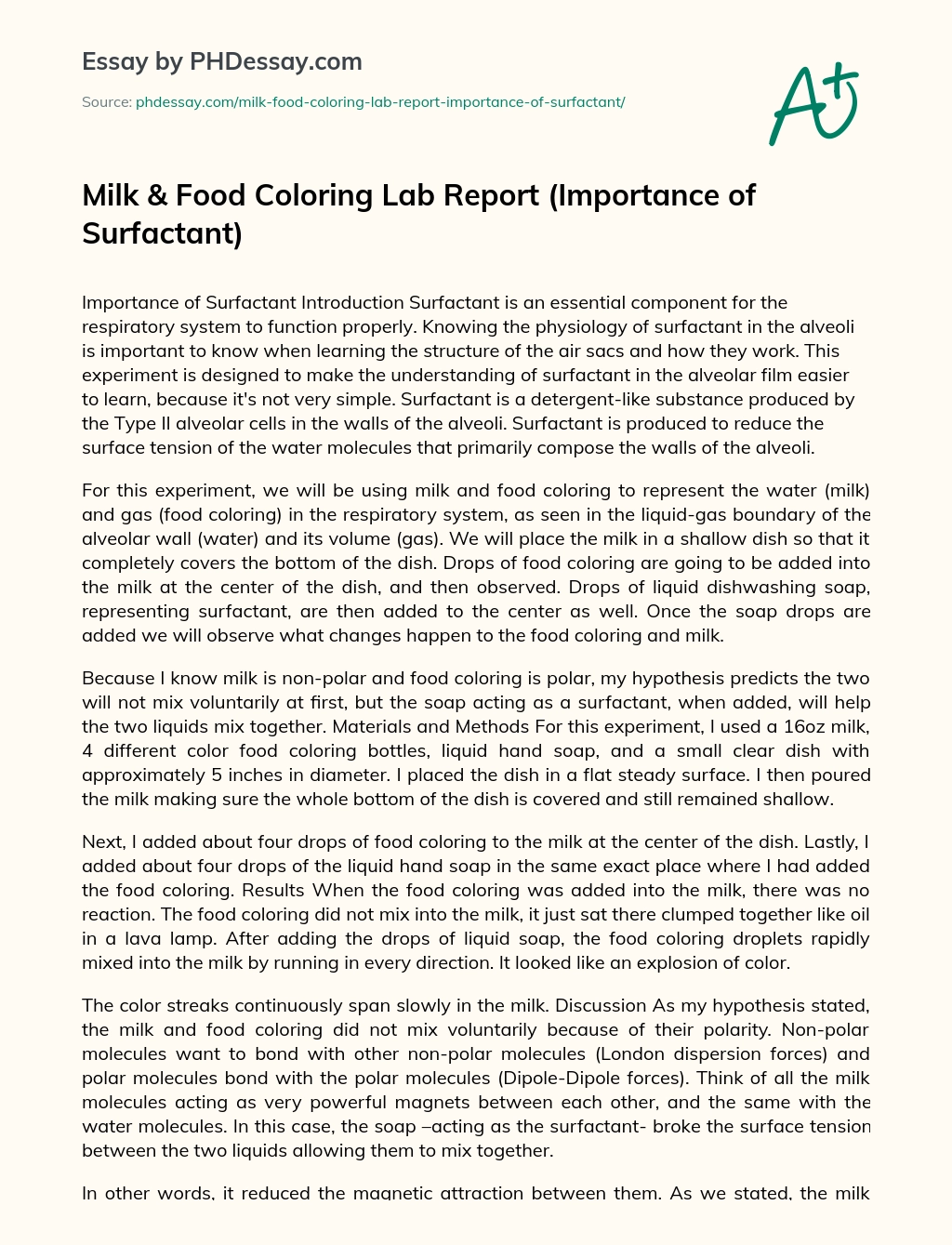 Milk & Food Coloring Lab Report (Importance of Surfactant) essay