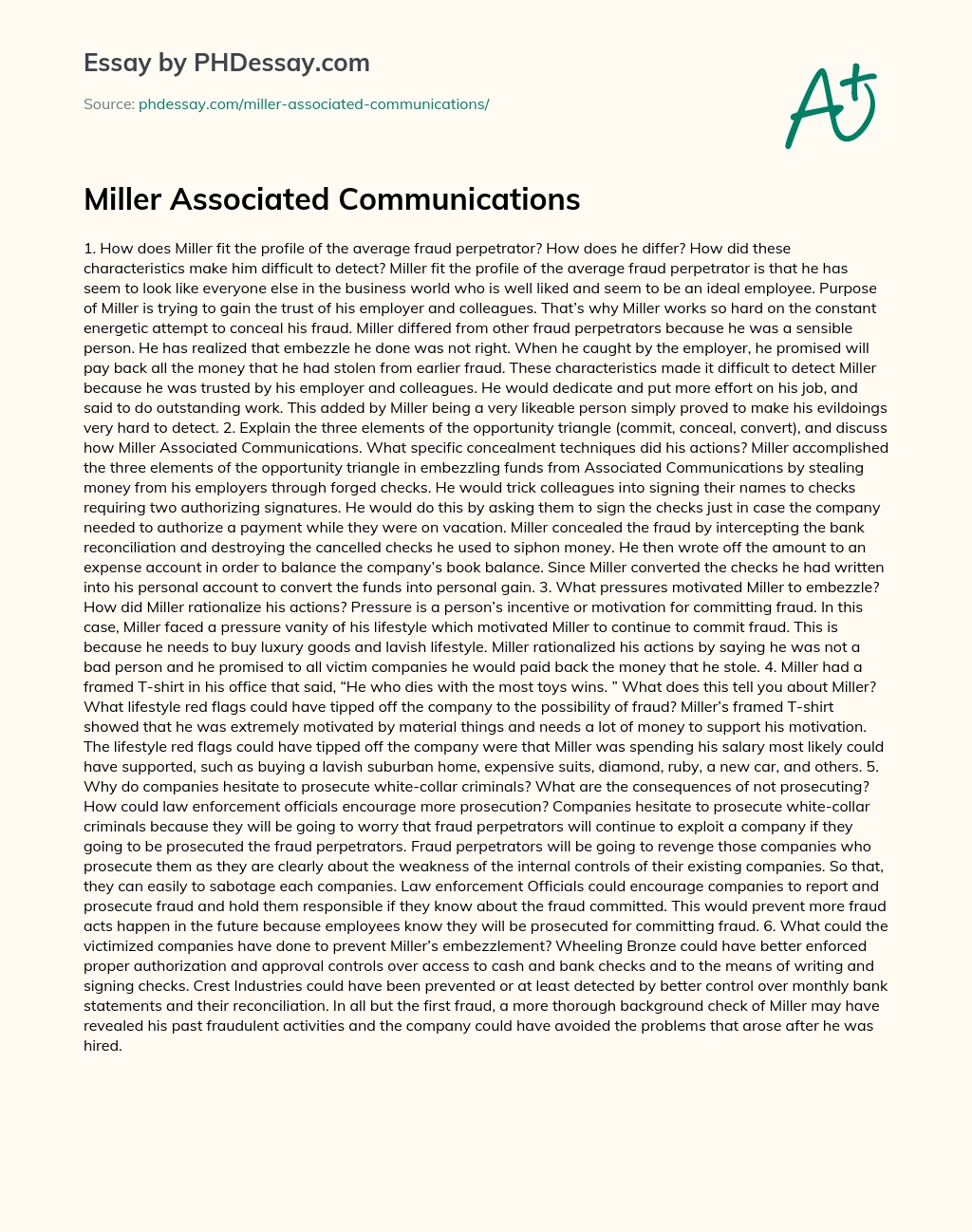 Miller Associated Communications essay