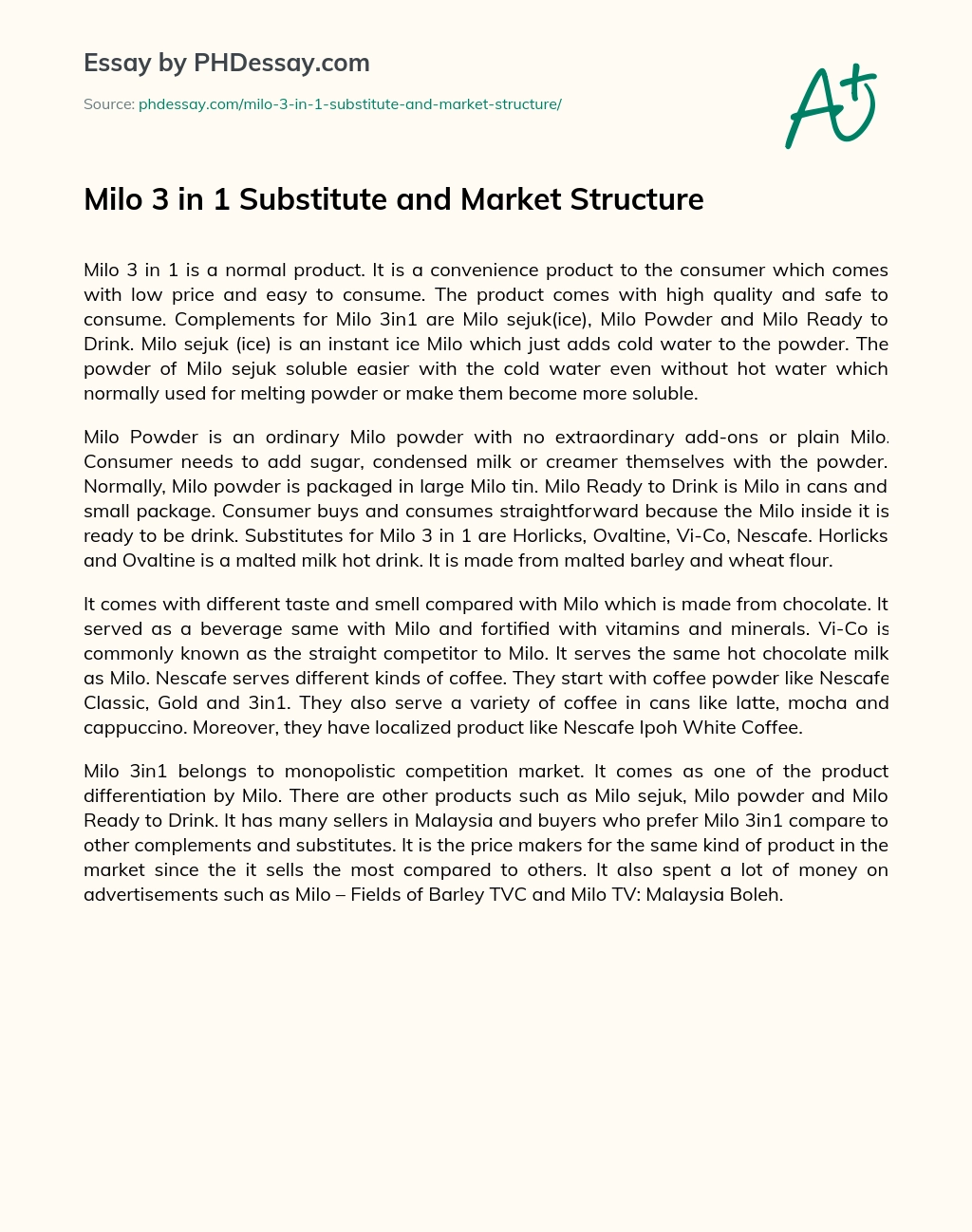 Milo 3 in 1 Substitute and Market Structure essay