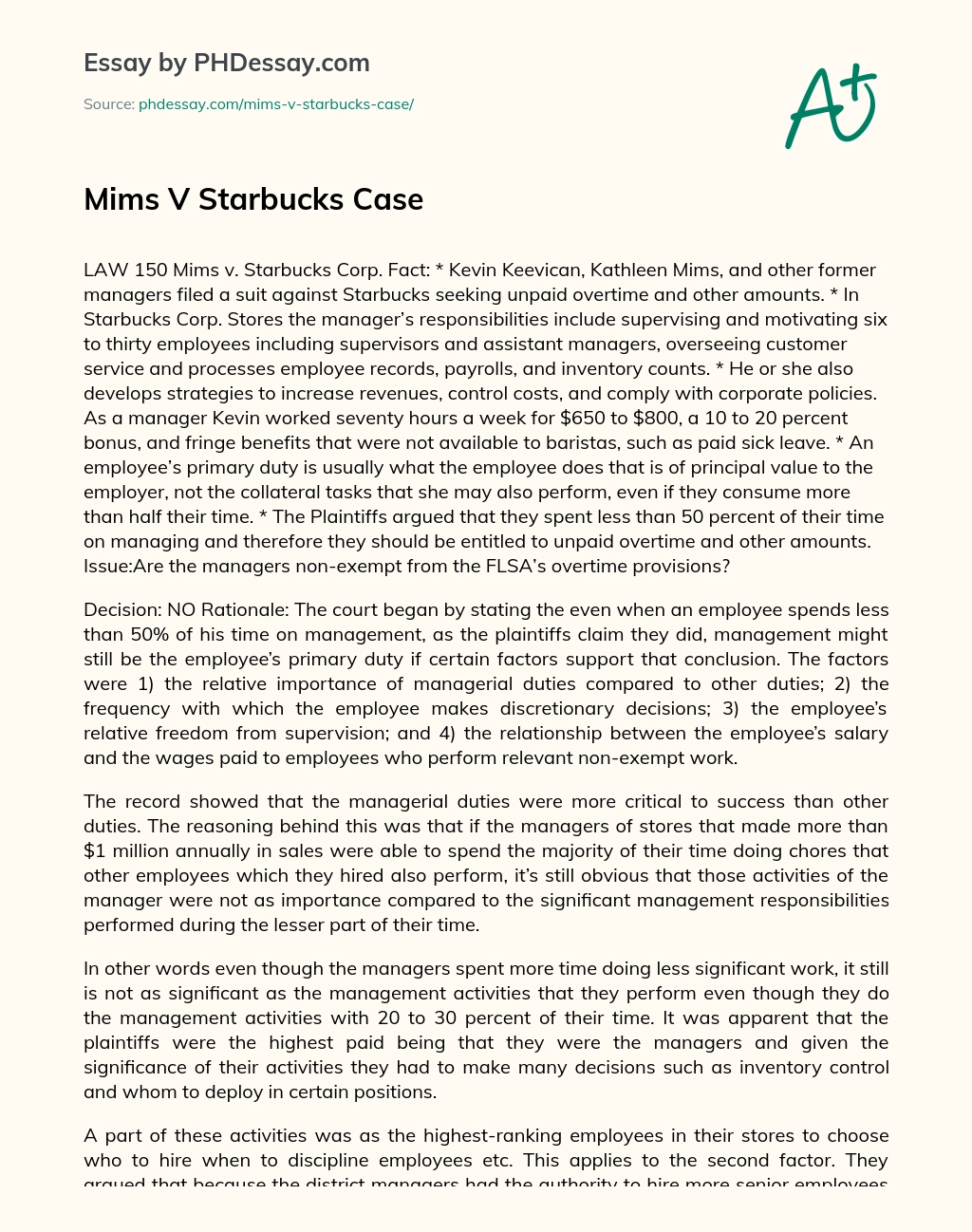 Mims V Starbucks Case essay